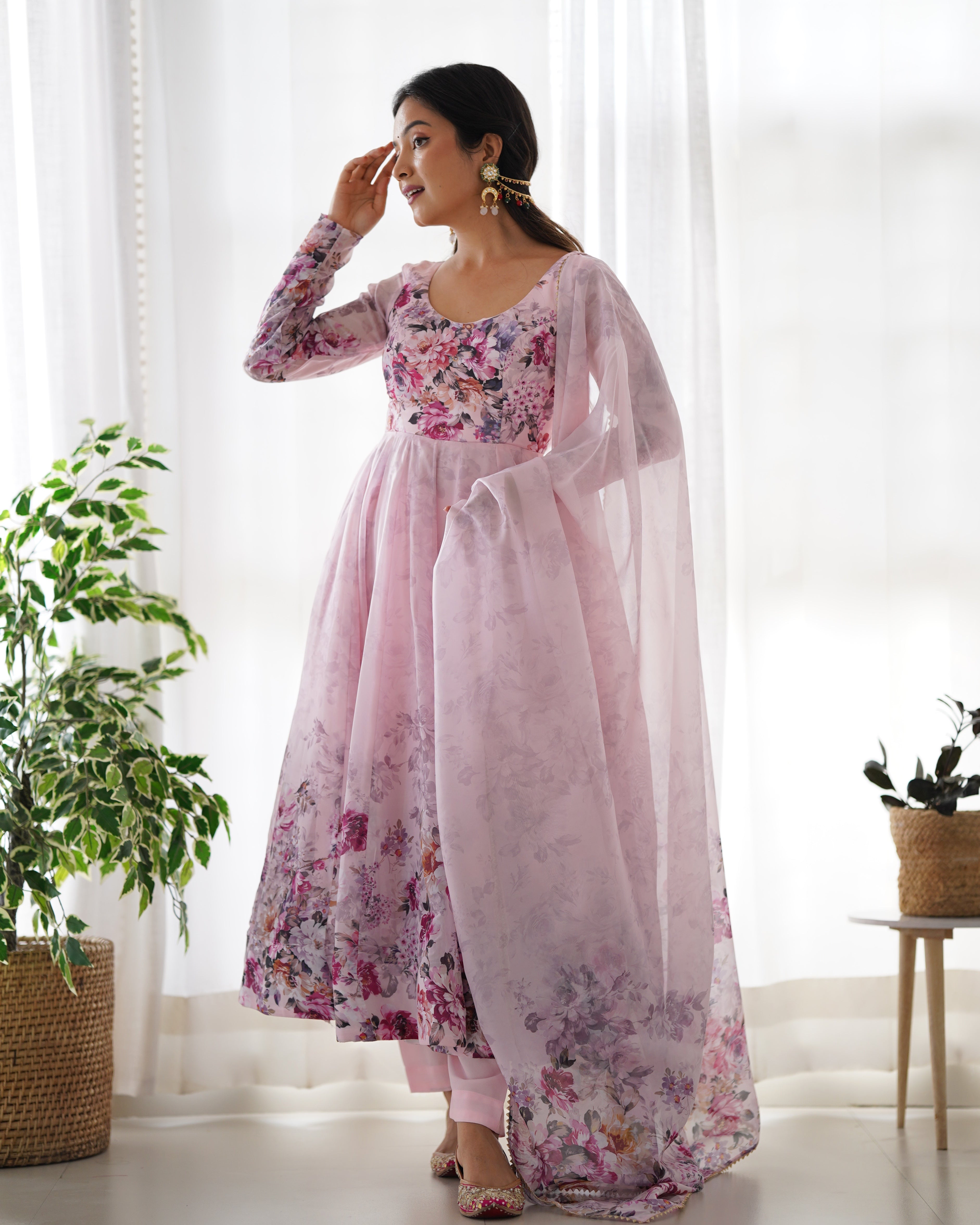 Dusty Pink Organza Silk Floral Printed Anarkali Suit Set with Gota Patti Dupatta