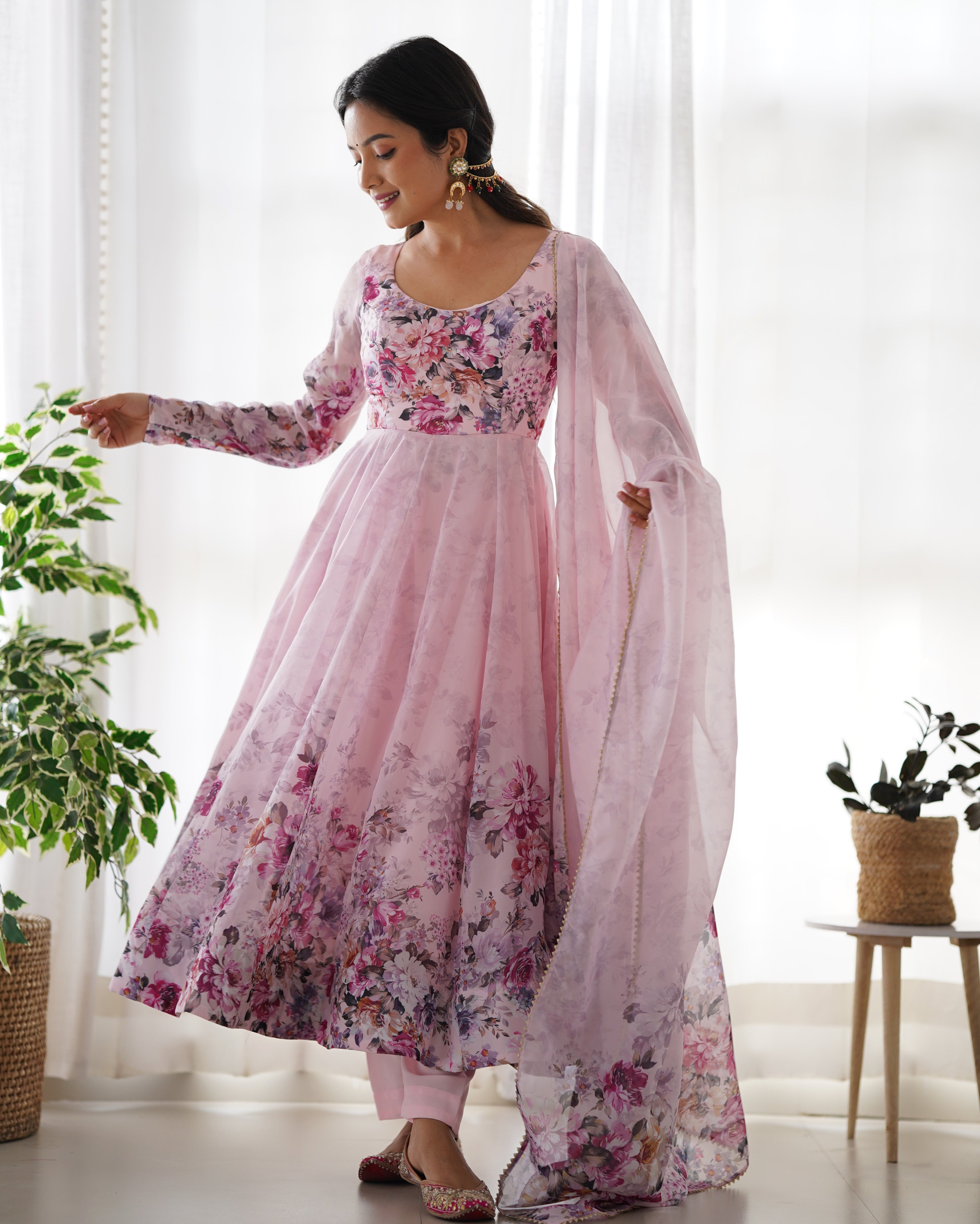 Dusty Pink Organza Silk Floral Printed Anarkali Suit Set with Gota Patti Dupatta