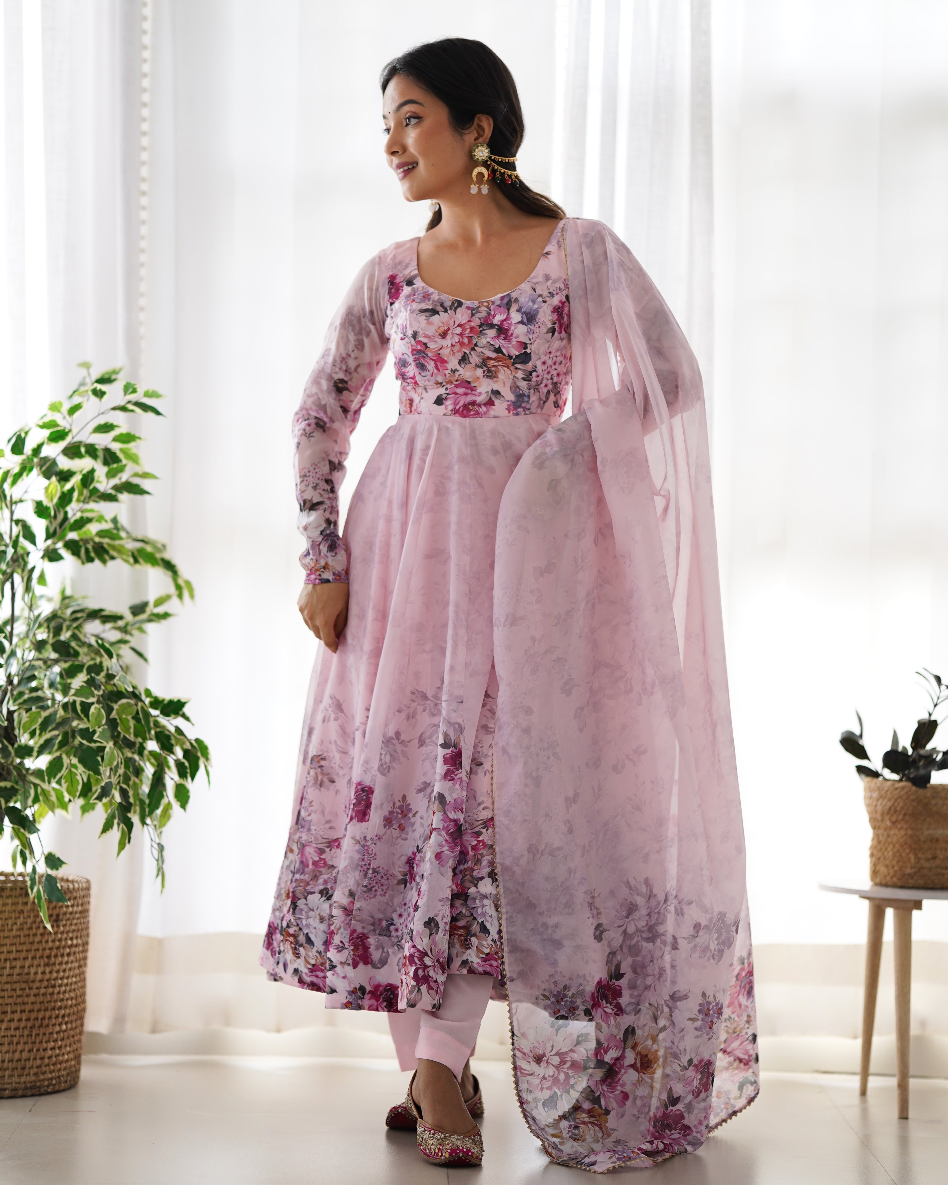 Dusty Pink Organza Silk Floral Printed Anarkali Suit Set with Gota Patti Dupatta