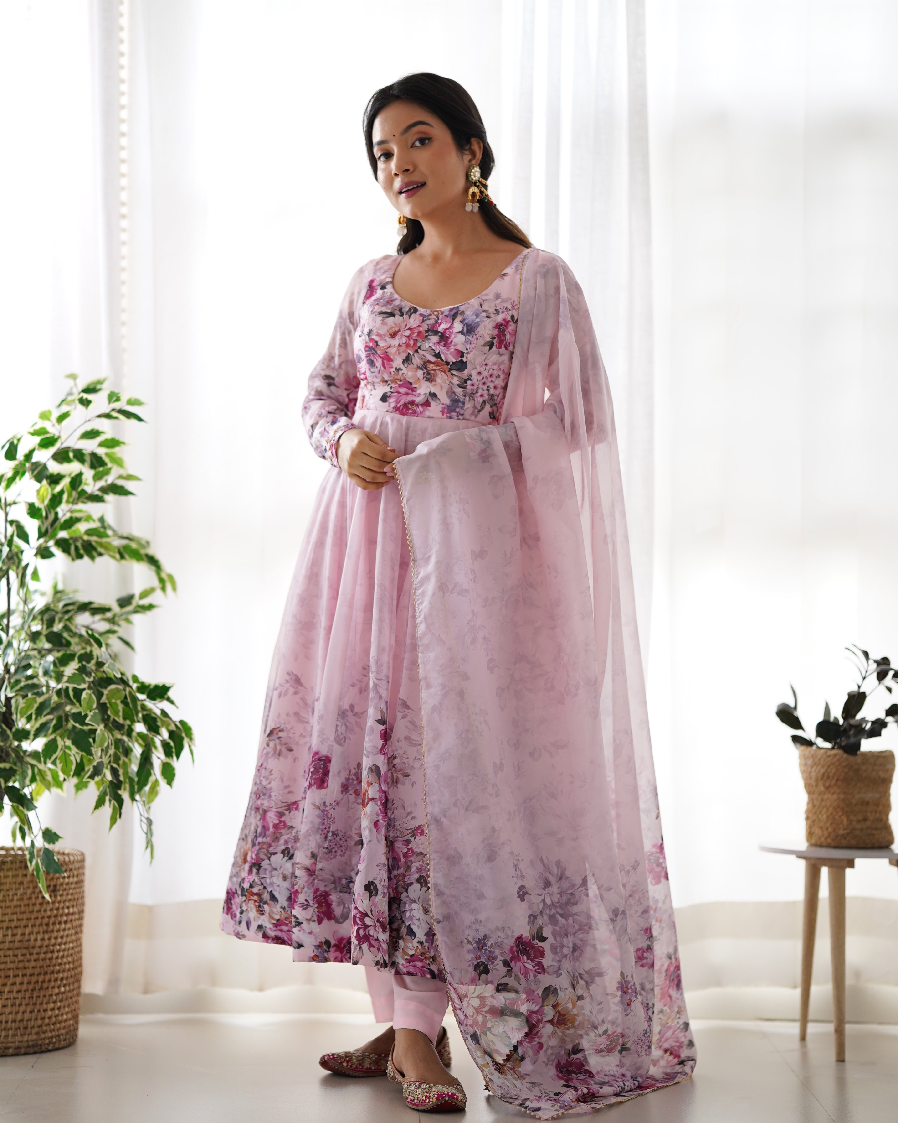 Dusty Pink Organza Silk Floral Printed Anarkali Suit Set with Gota Patti Dupatta