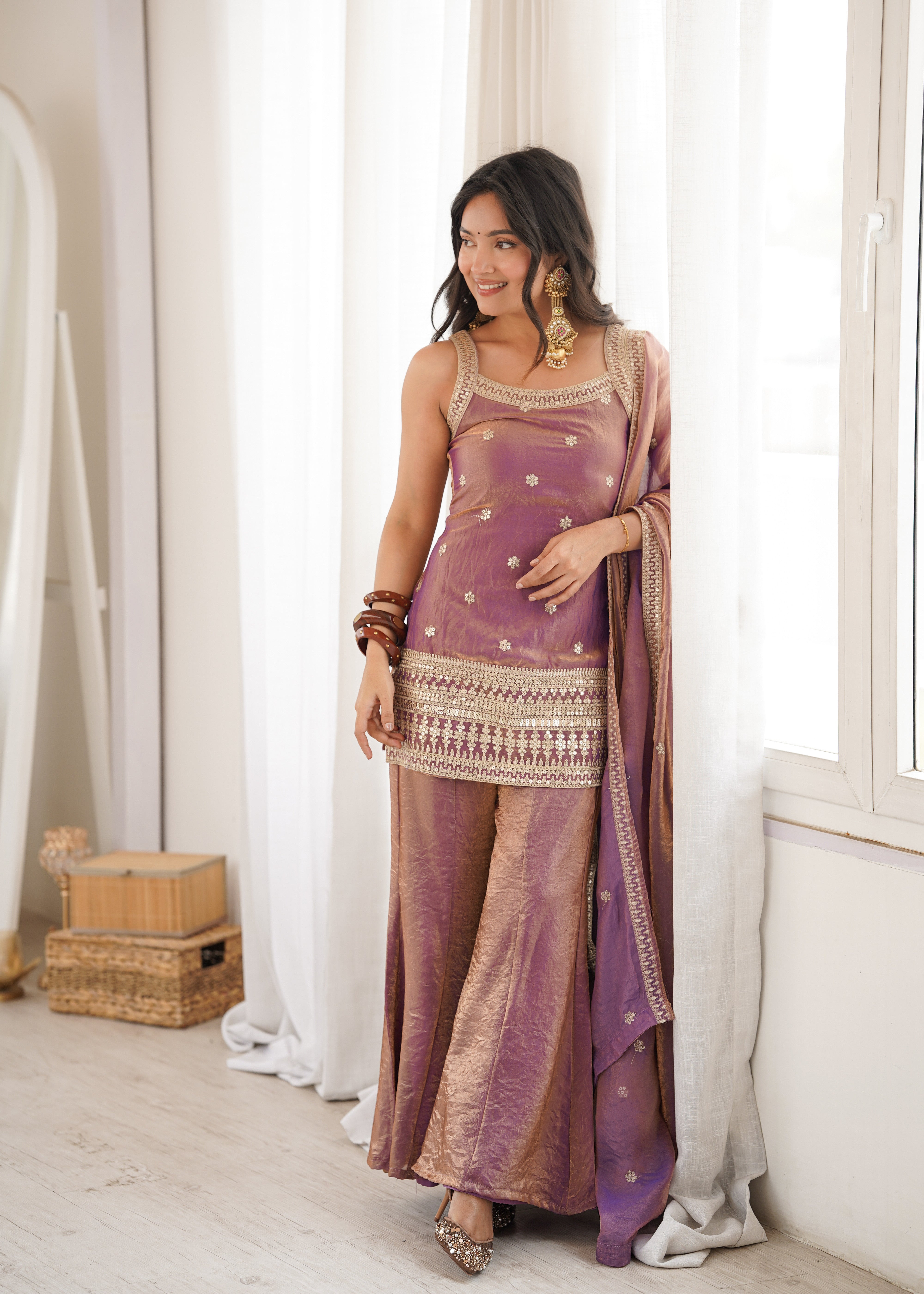 Women’s Dusty Pink Frendy Silk Embroidered Kurta Set with Dupatta & Bell Bottom Pant | Nardev Fashion