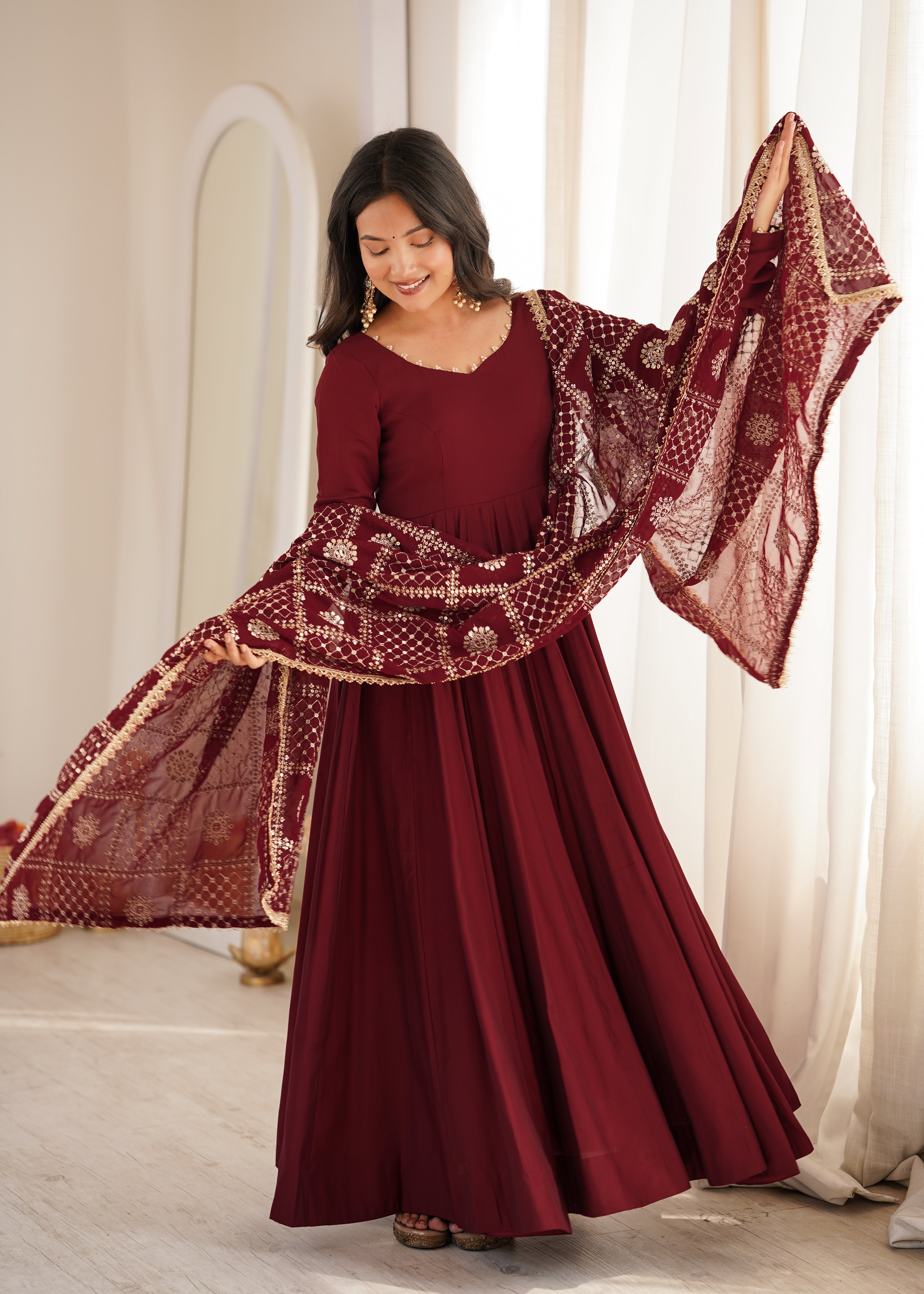 Wine Maroon Roman Silk Chanderi 16 Kali Anarkali Gown with Embroidered Dupatta & Pant