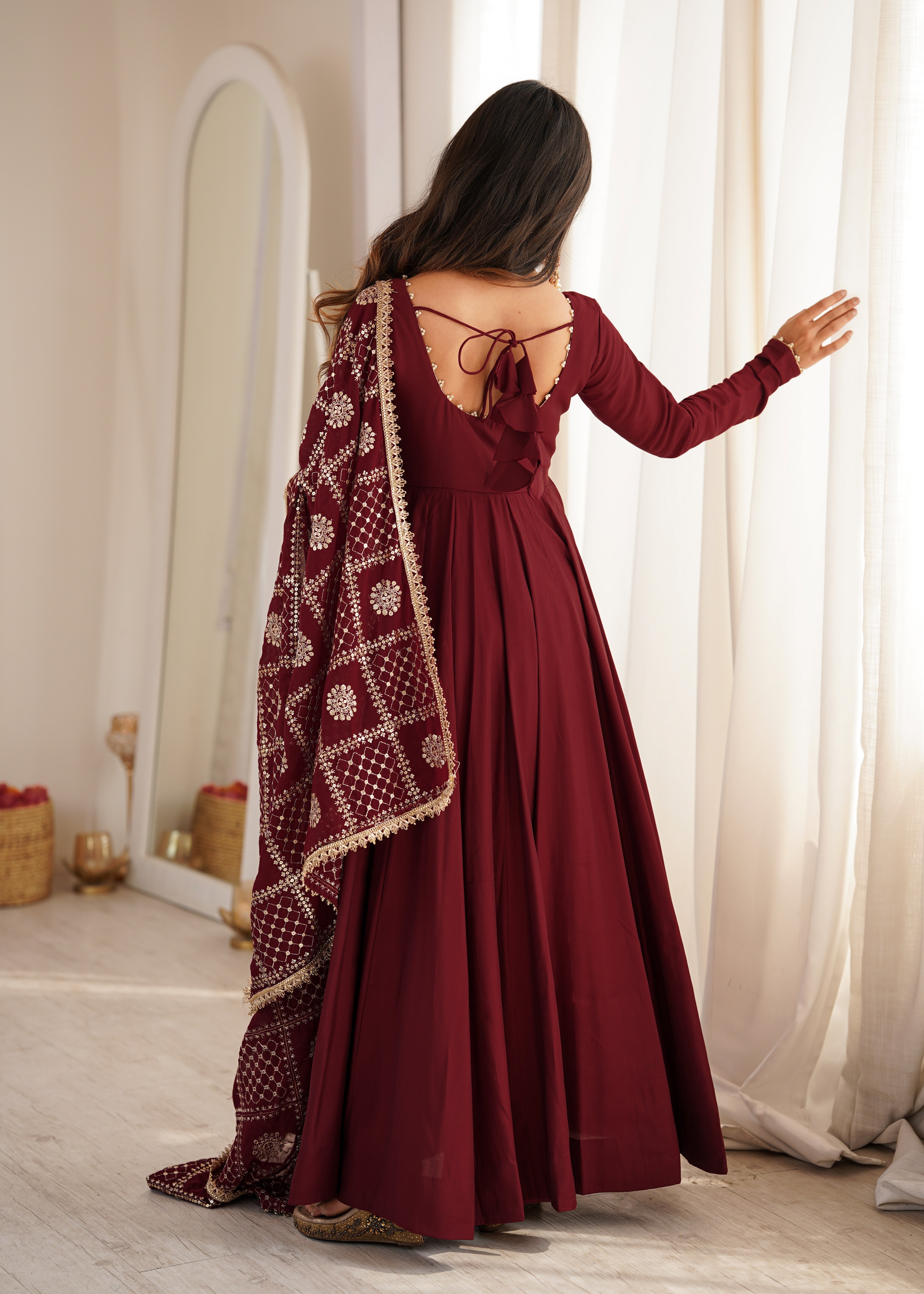 Wine Maroon Roman Silk Chanderi 16 Kali Anarkali Gown with Embroidered Dupatta & Pant