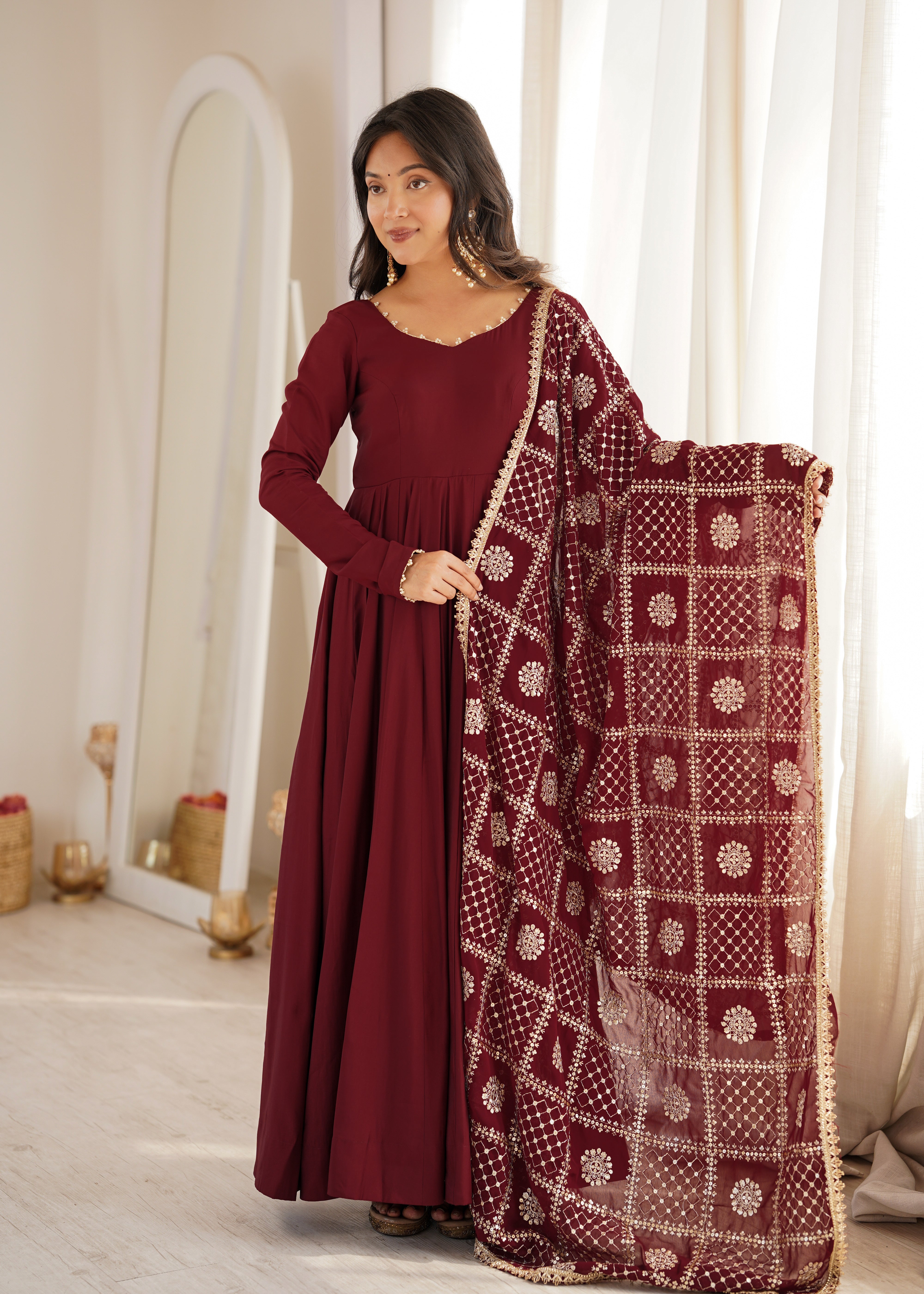 Wine Maroon Roman Silk Chanderi 16 Kali Anarkali Gown with Embroidered Dupatta & Pant