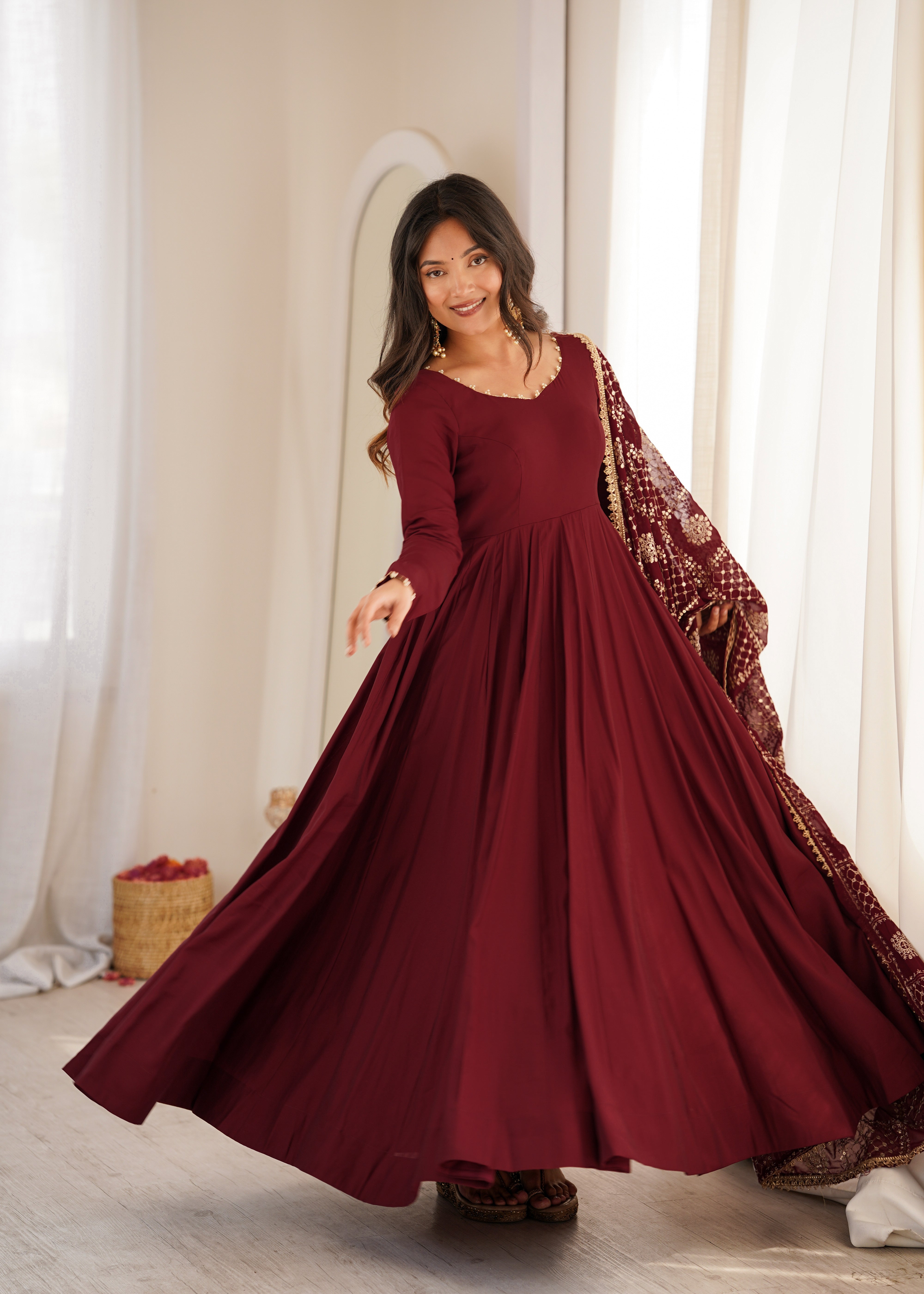 Wine Maroon Roman Silk Chanderi 16 Kali Anarkali Gown with Embroidered Dupatta & Pant