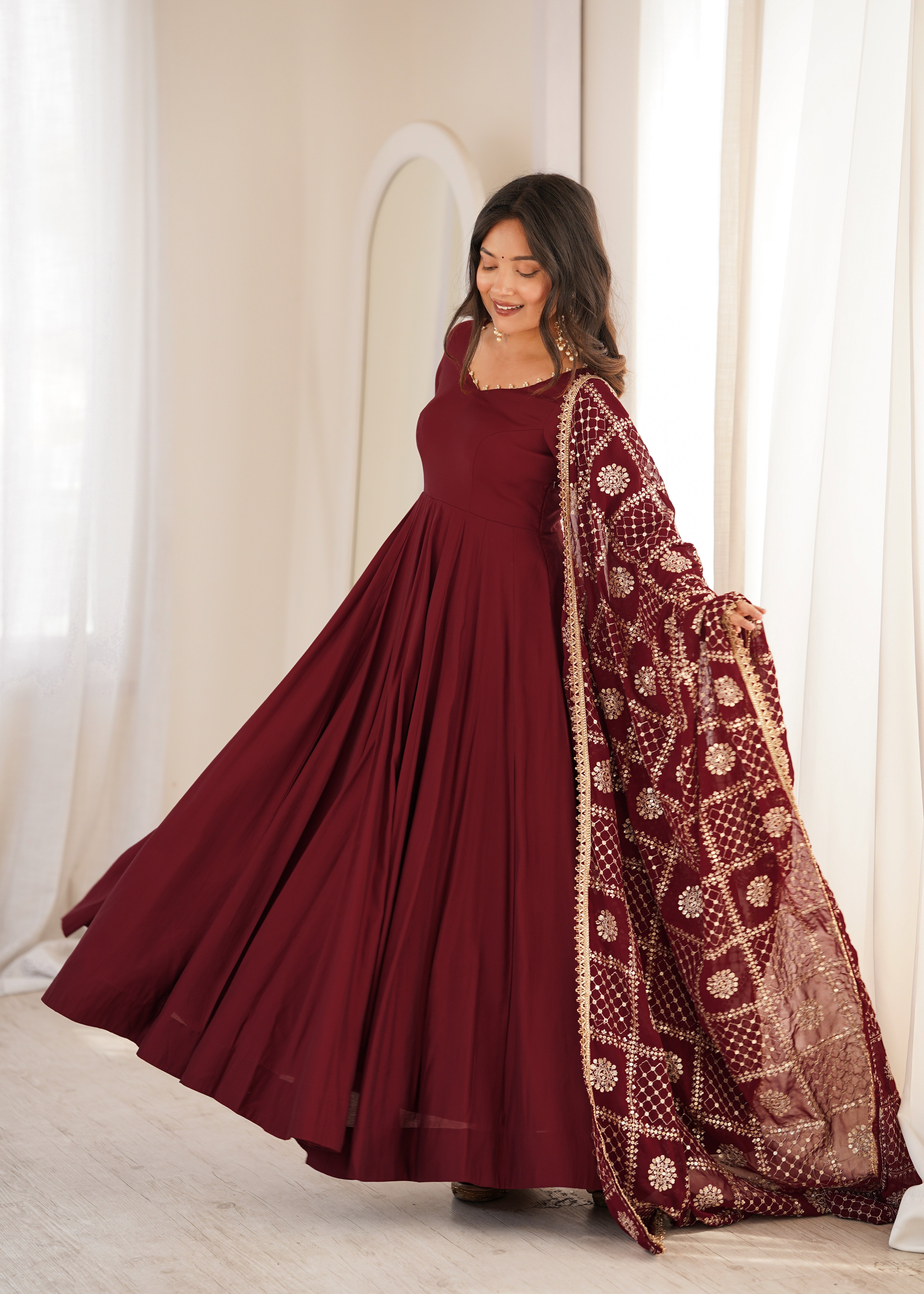 Wine Maroon Roman Silk Chanderi 16 Kali Anarkali Gown with Embroidered Dupatta & Pant