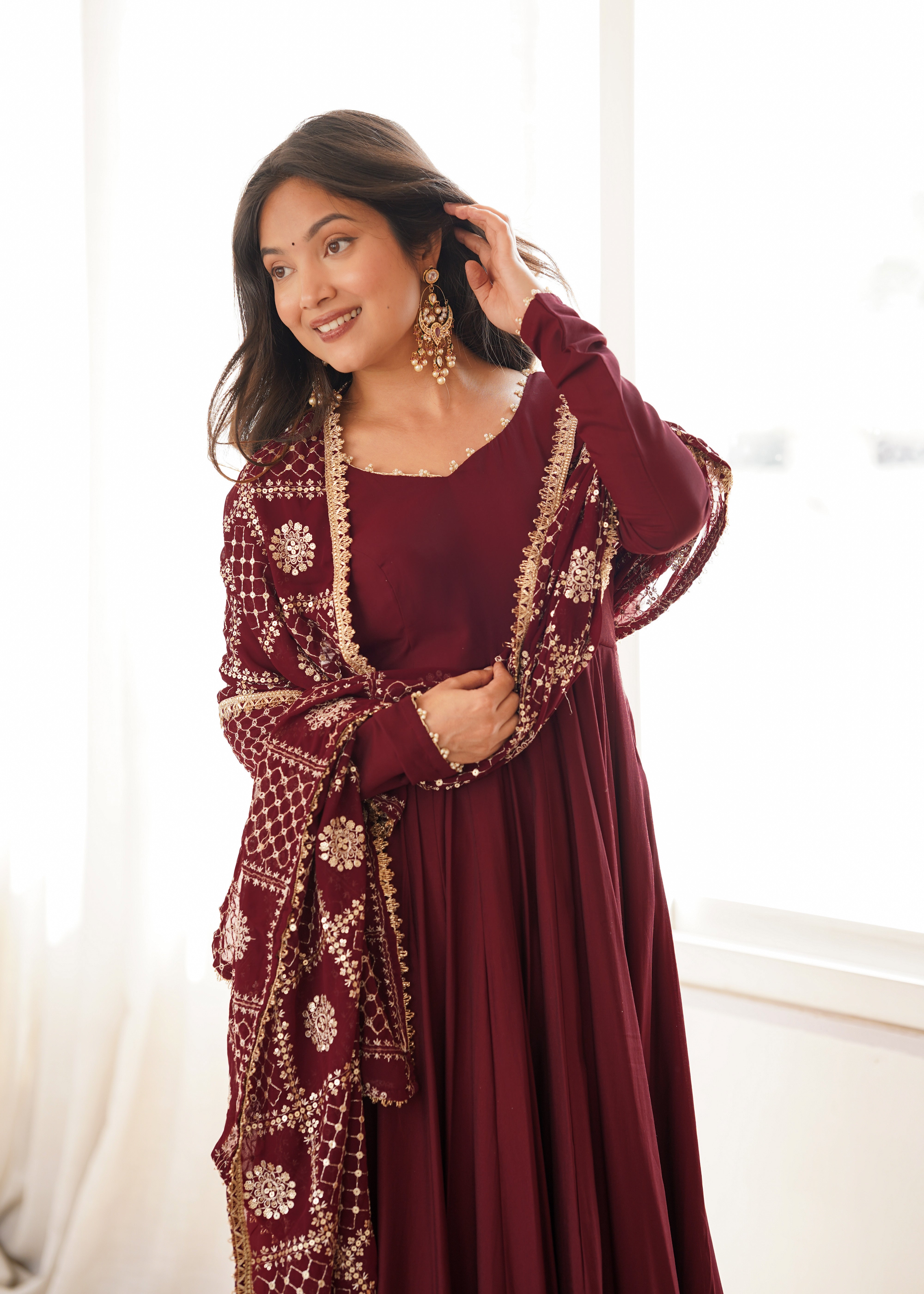 Wine Maroon Roman Silk Chanderi 16 Kali Anarkali Gown with Embroidered Dupatta & Pant