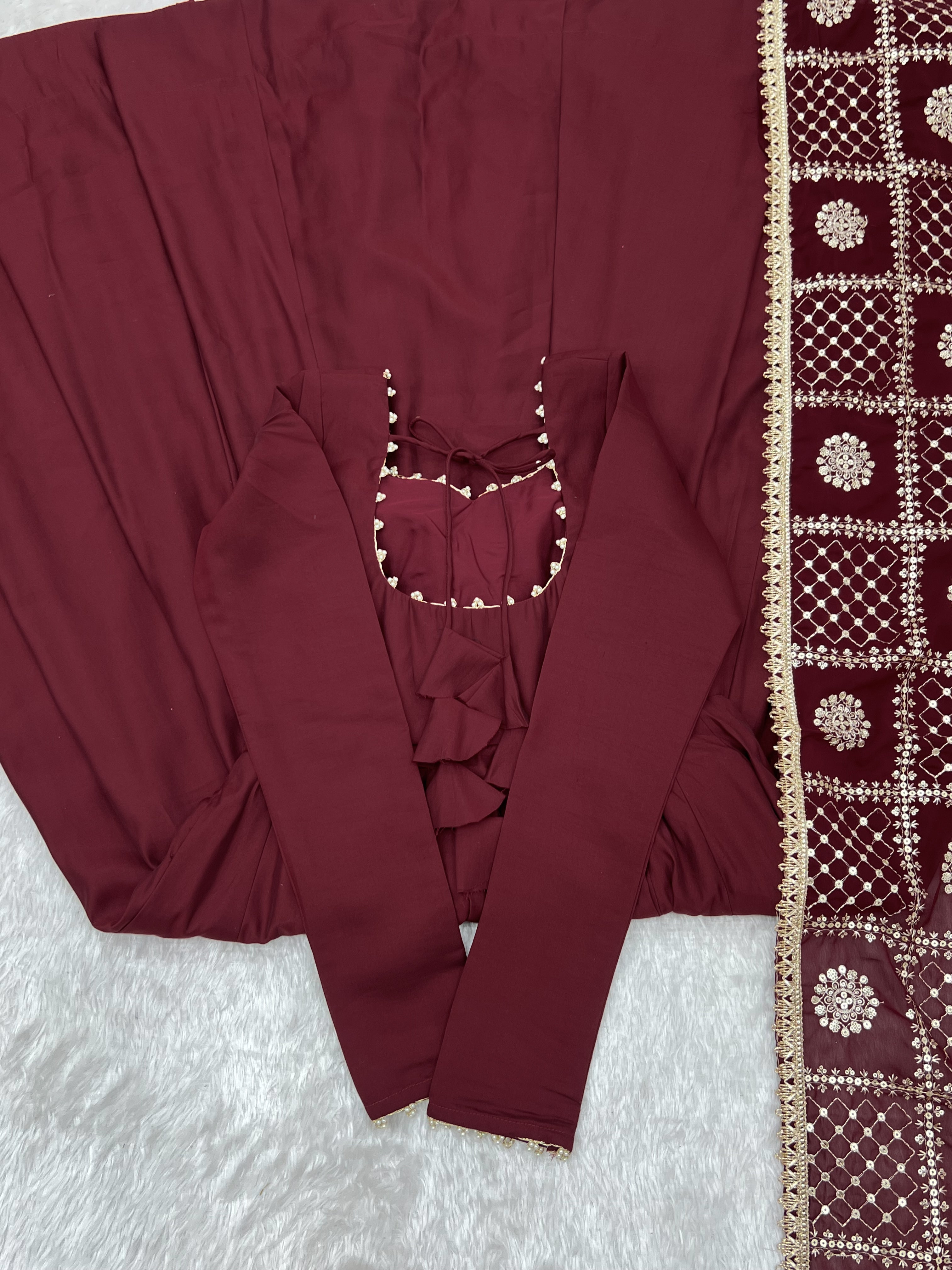 Wine Maroon Roman Silk Chanderi 16 Kali Anarkali Gown with Embroidered Dupatta & Pant
