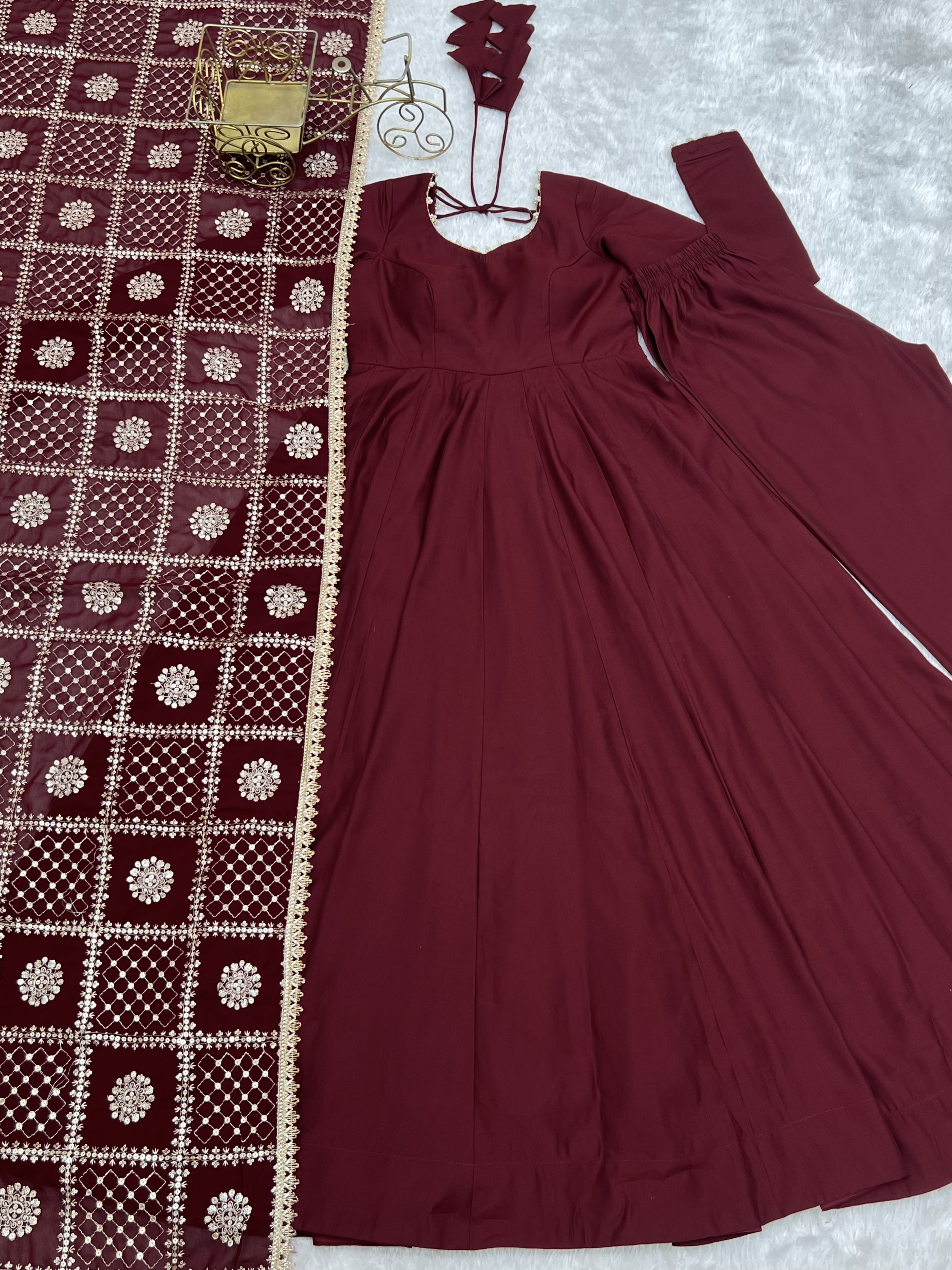 Wine Maroon Roman Silk Chanderi 16 Kali Anarkali Gown with Embroidered Dupatta & Pant