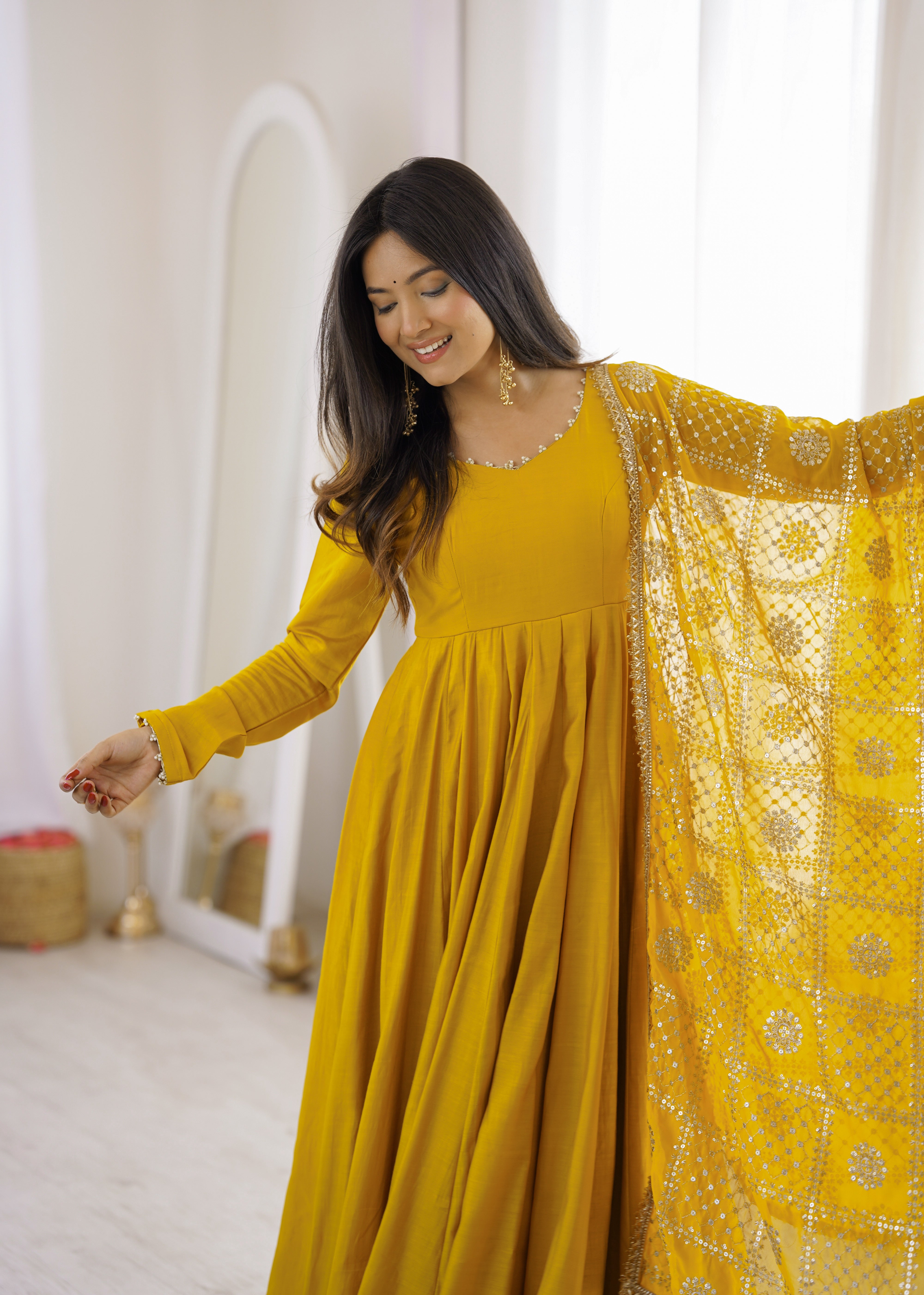 Mustard Yellow Roman Silk Chanderi 16 Kali Anarkali Suit Set with Embroidered Dupatta