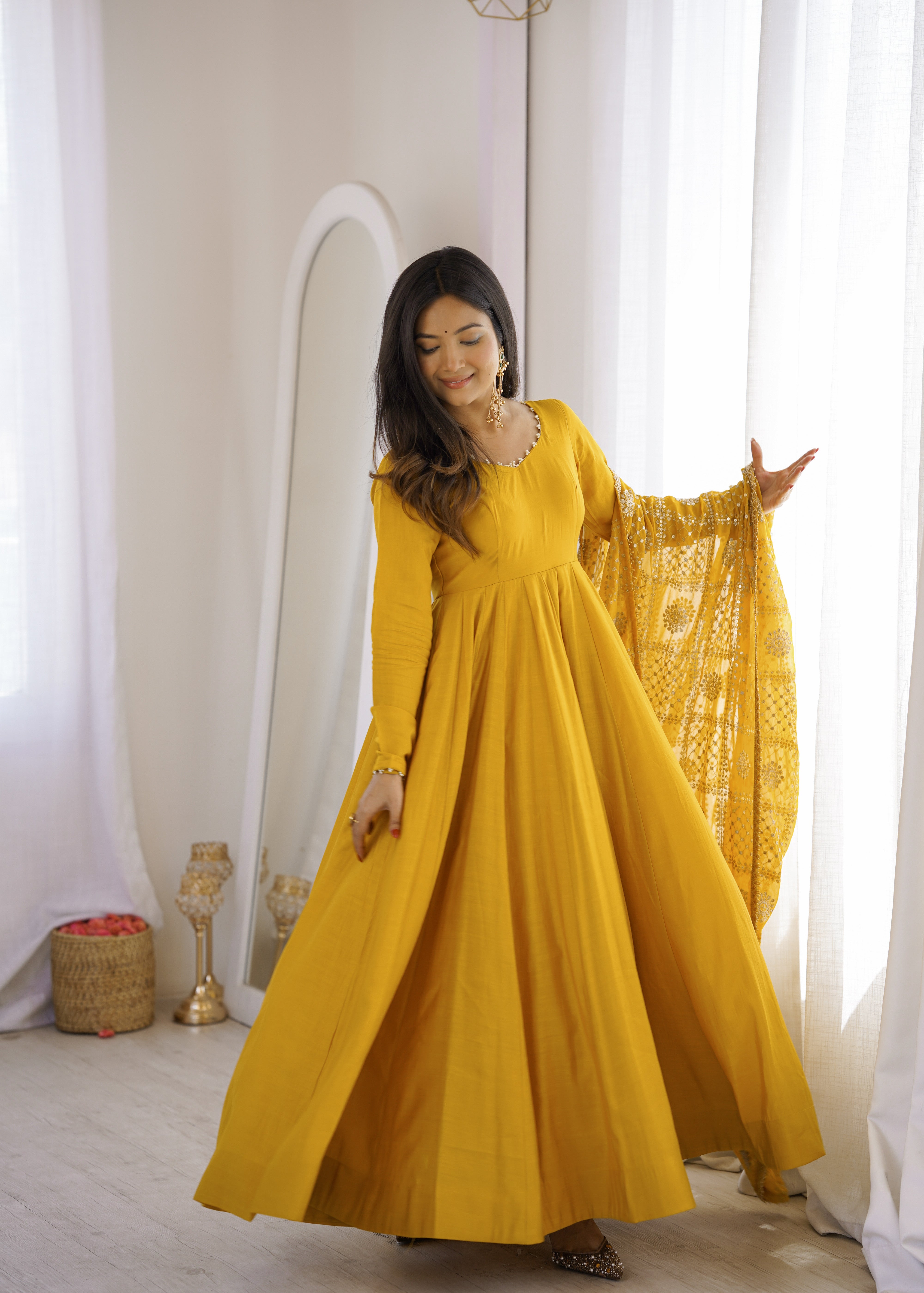 Mustard Yellow Roman Silk Chanderi 16 Kali Anarkali Suit Set with Embroidered Dupatta