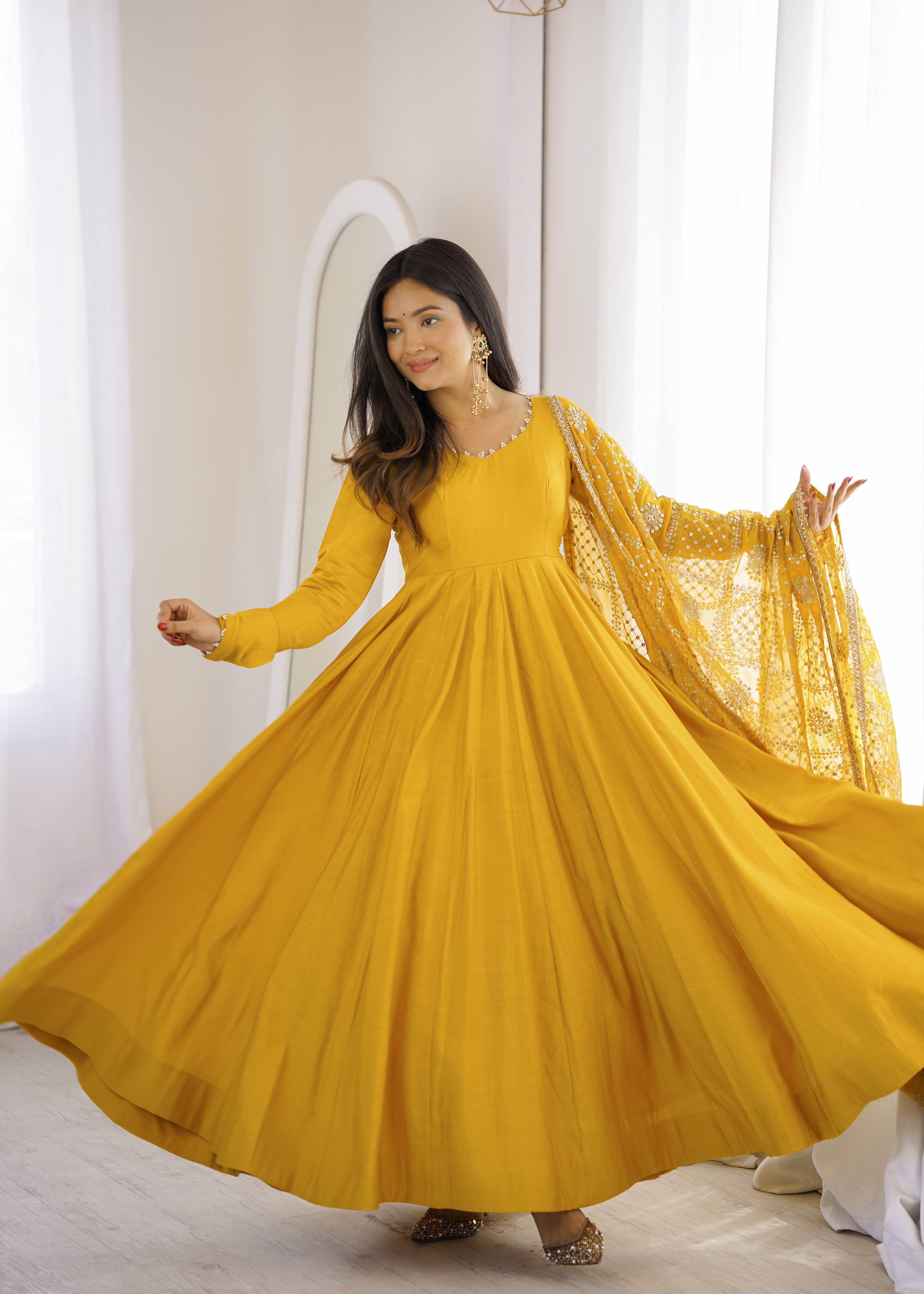 Mustard Yellow Roman Silk Chanderi 16 Kali Anarkali Suit Set with Embroidered Dupatta