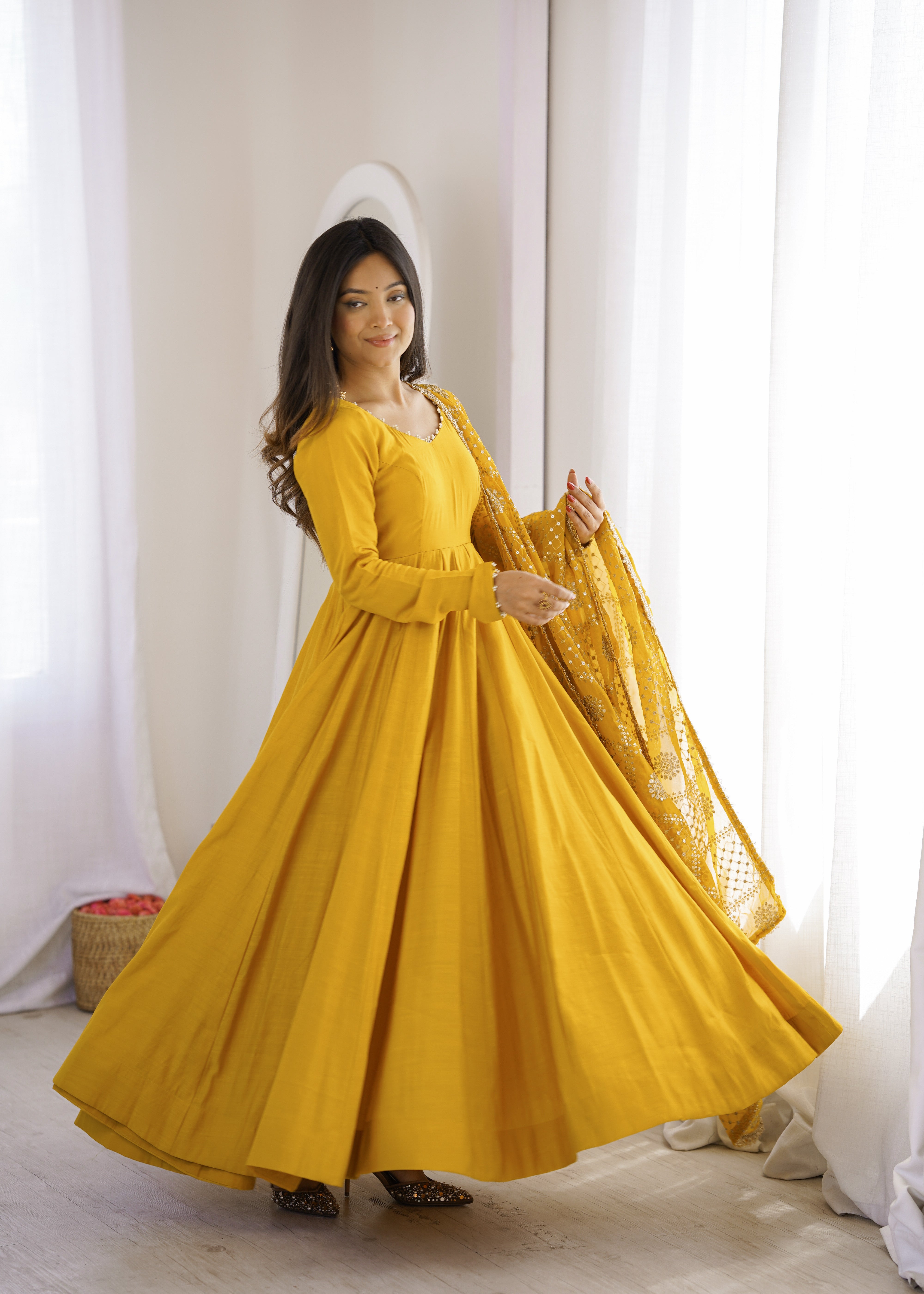 Mustard Yellow Roman Silk Chanderi 16 Kali Anarkali Suit Set with Embroidered Dupatta