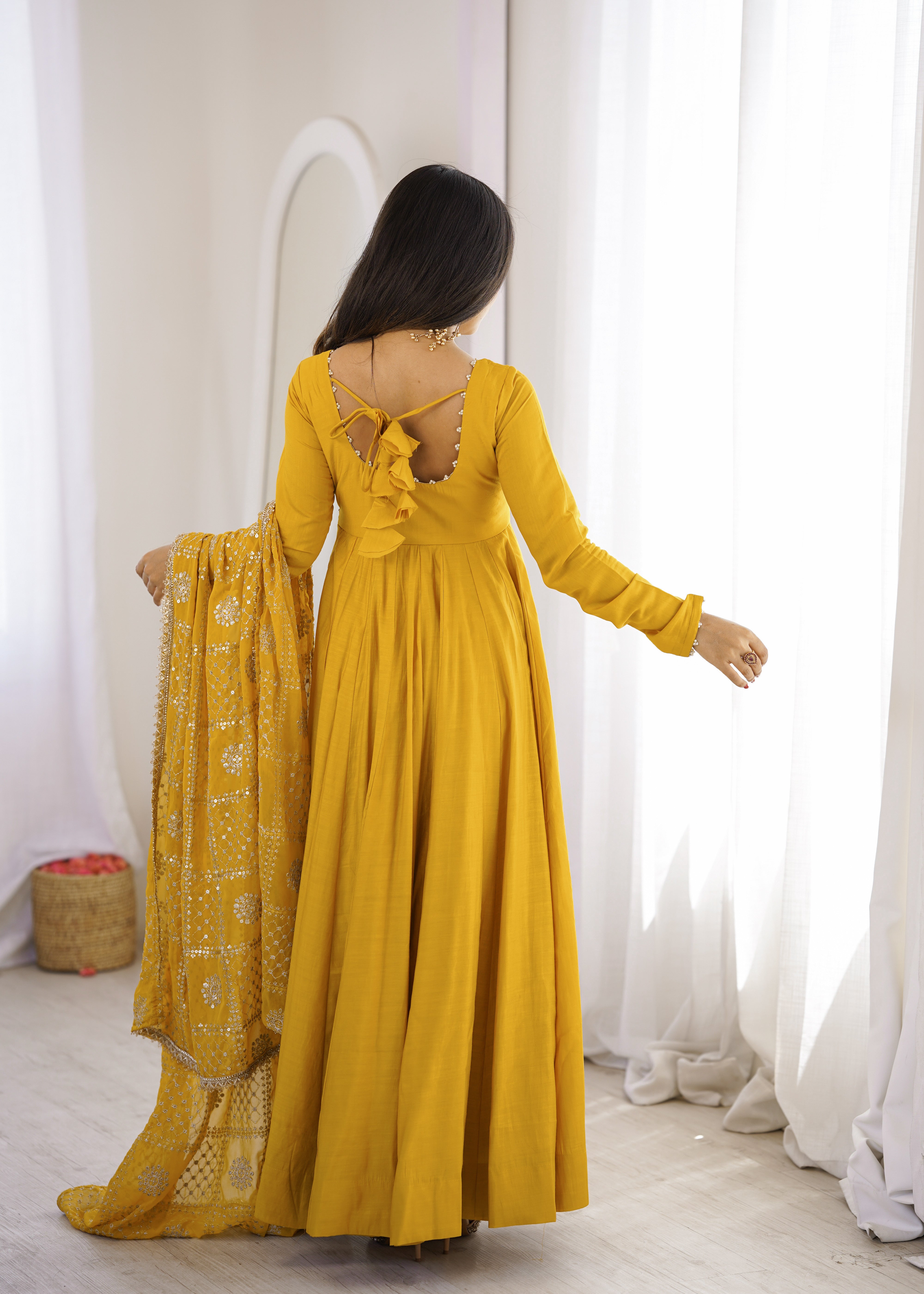 Mustard Yellow Roman Silk Chanderi 16 Kali Anarkali Suit Set with Embroidered Dupatta