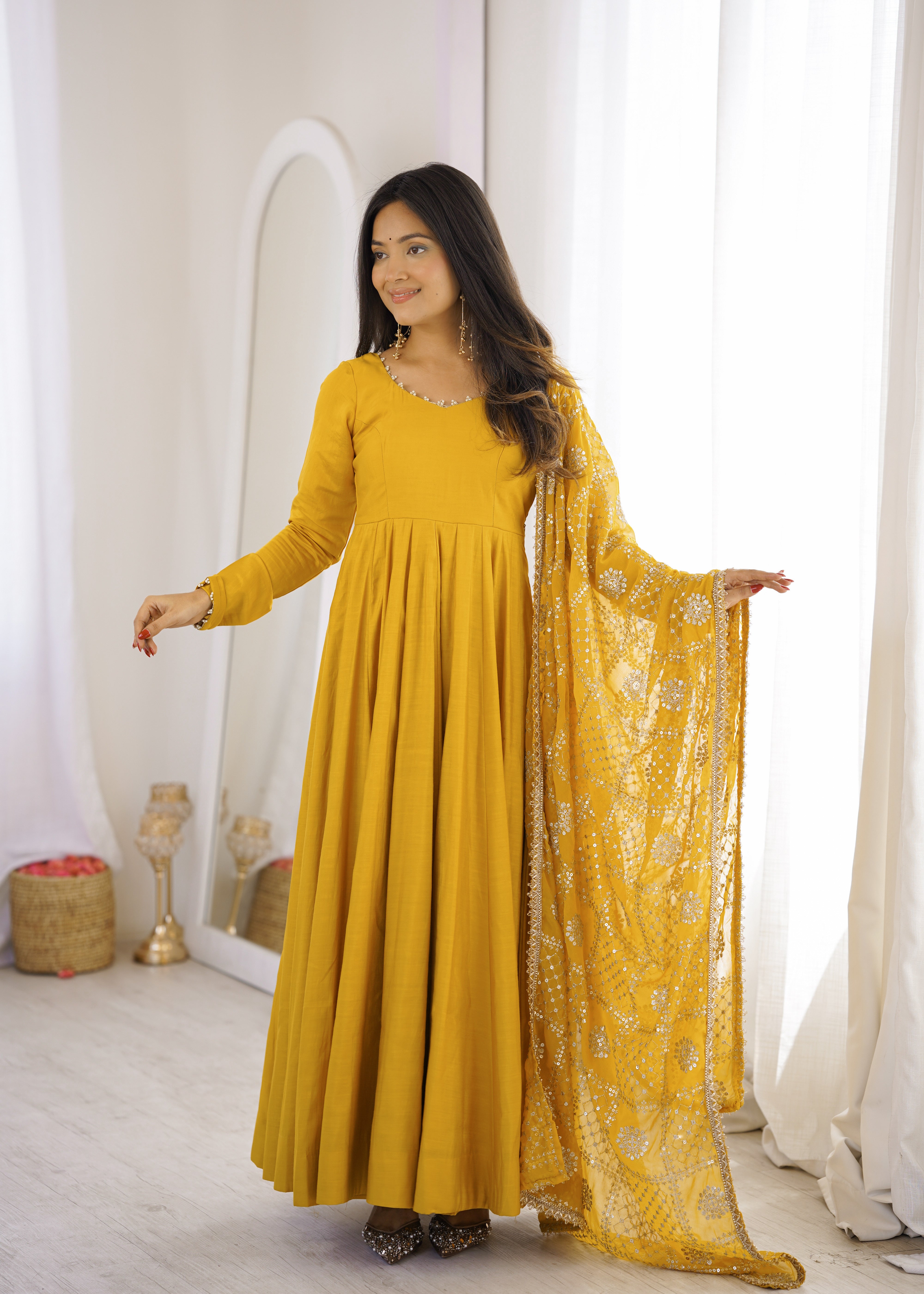 Mustard Yellow Roman Silk Chanderi 16 Kali Anarkali Suit Set with Embroidered Dupatta