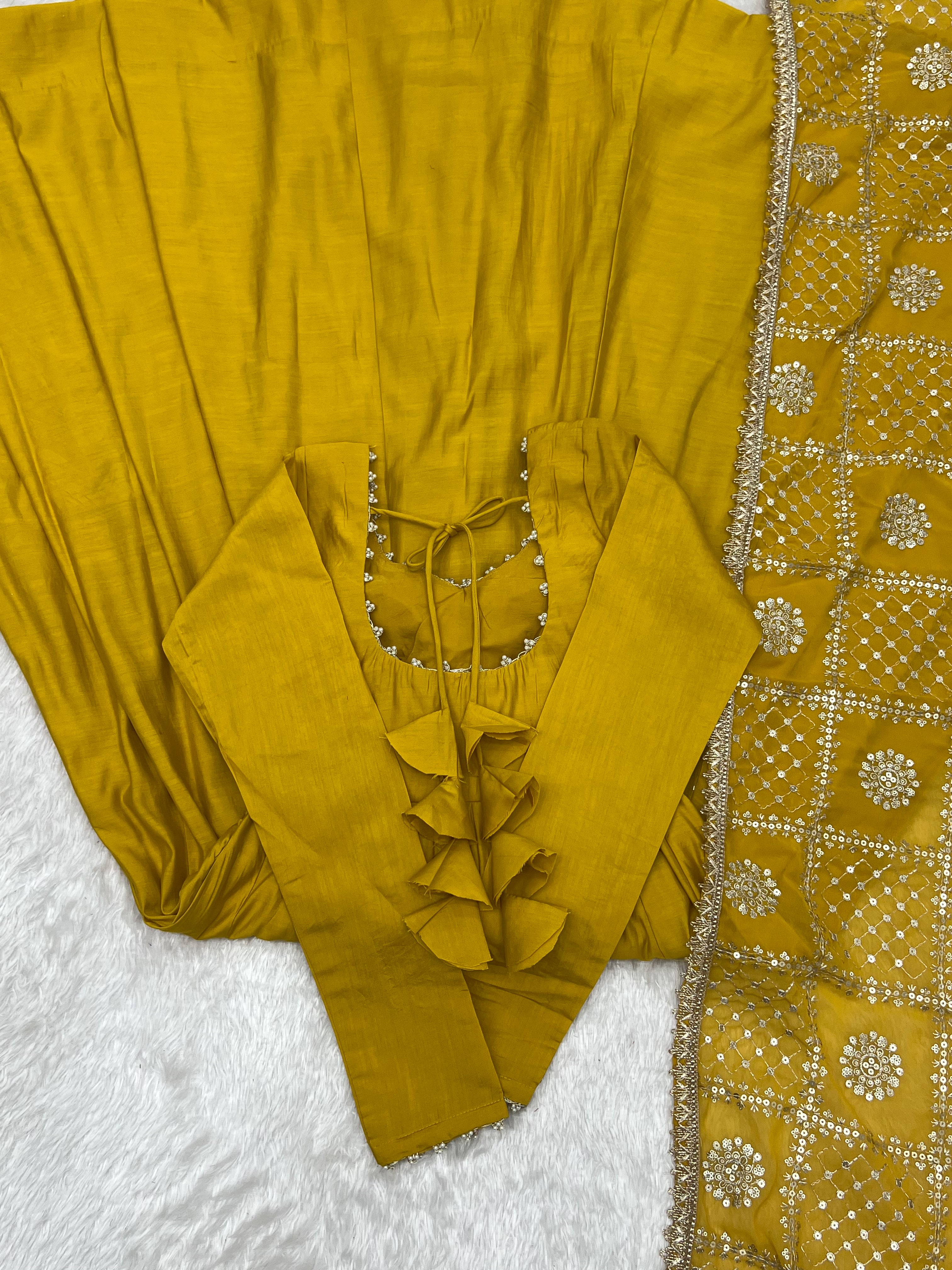 Mustard Yellow Roman Silk Chanderi 16 Kali Anarkali Suit Set with Embroidered Dupatta