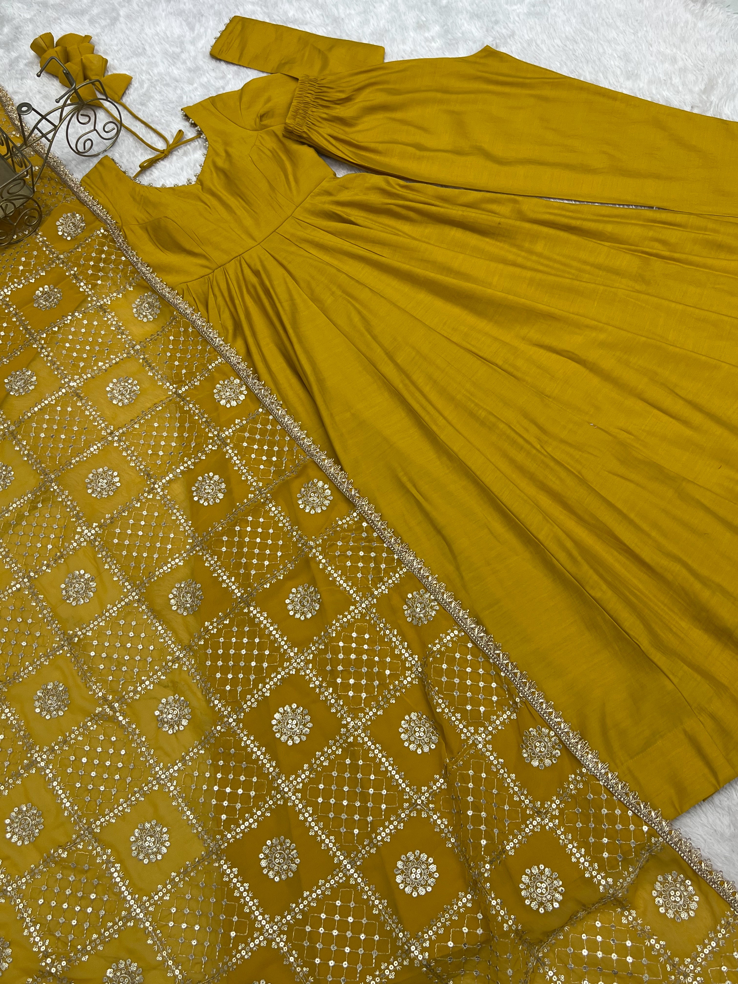 Mustard Yellow Roman Silk Chanderi 16 Kali Anarkali Suit Set with Embroidered Dupatta