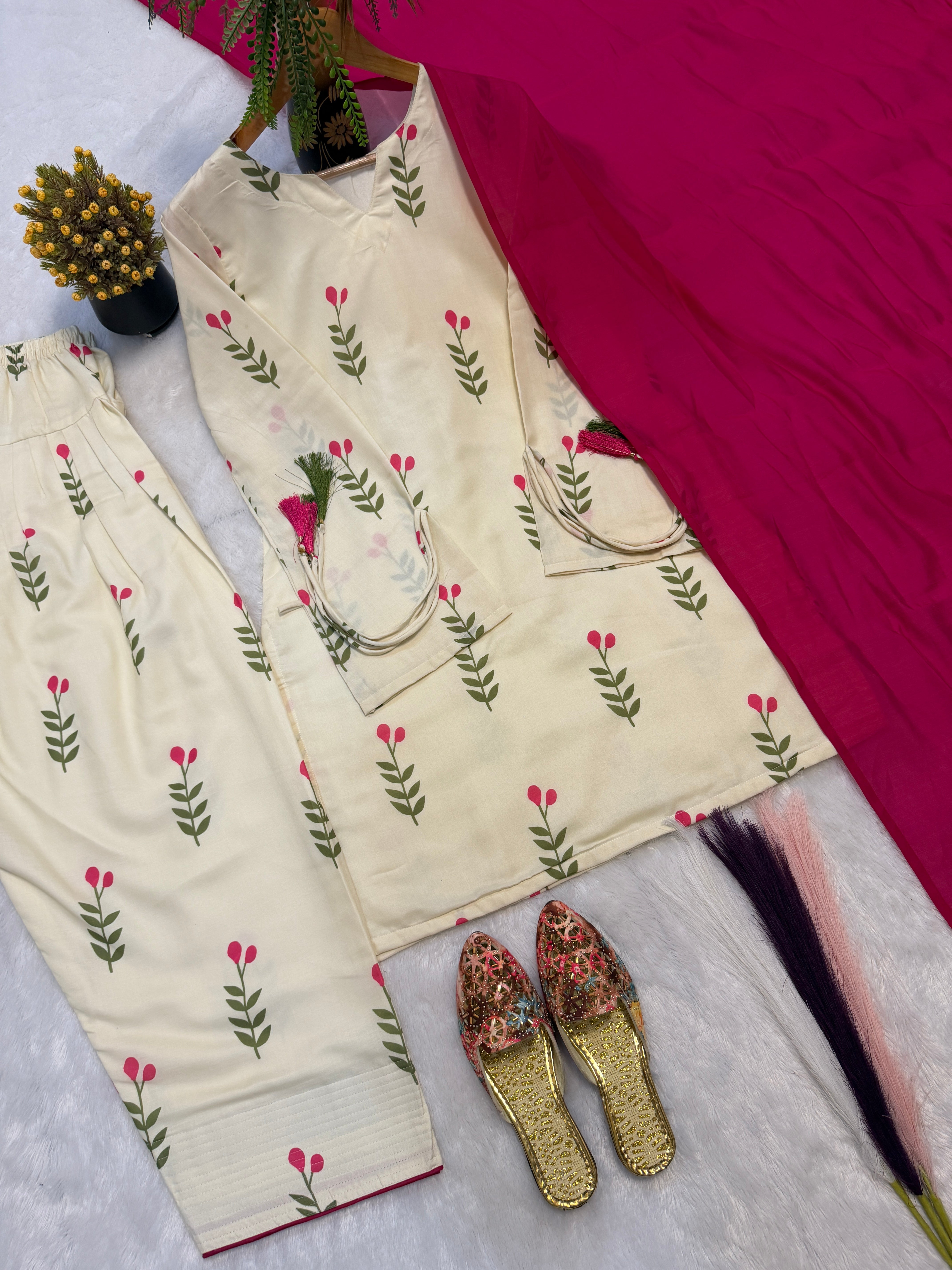 Ivory White Floral Cambric Cotton Kurta Set with Rani Pink Dupatta & Farshi Pant