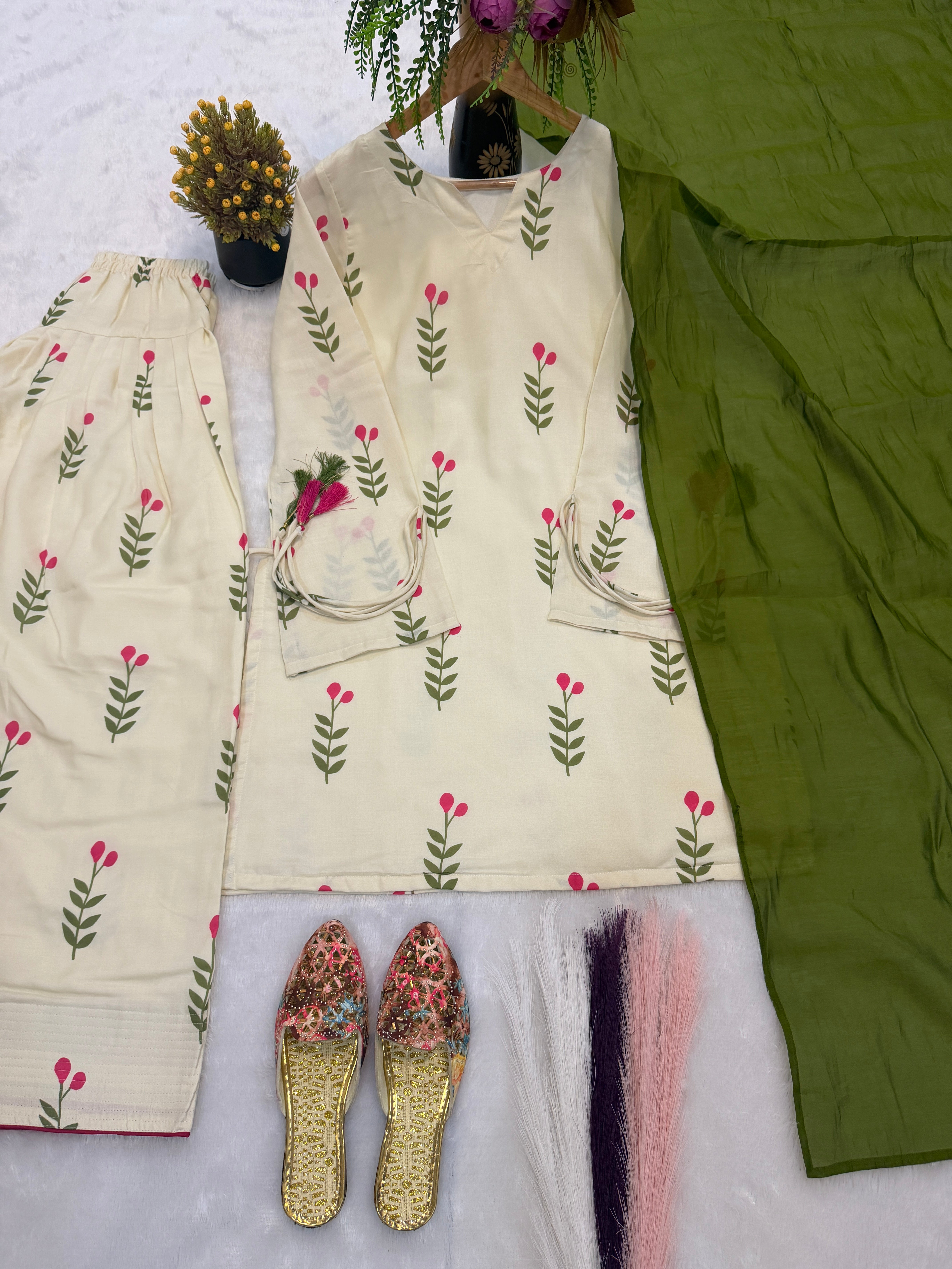 Ivory White Floral Cambric Cotton Kurta Set with Olive Green Dupatta & Farshi Pant