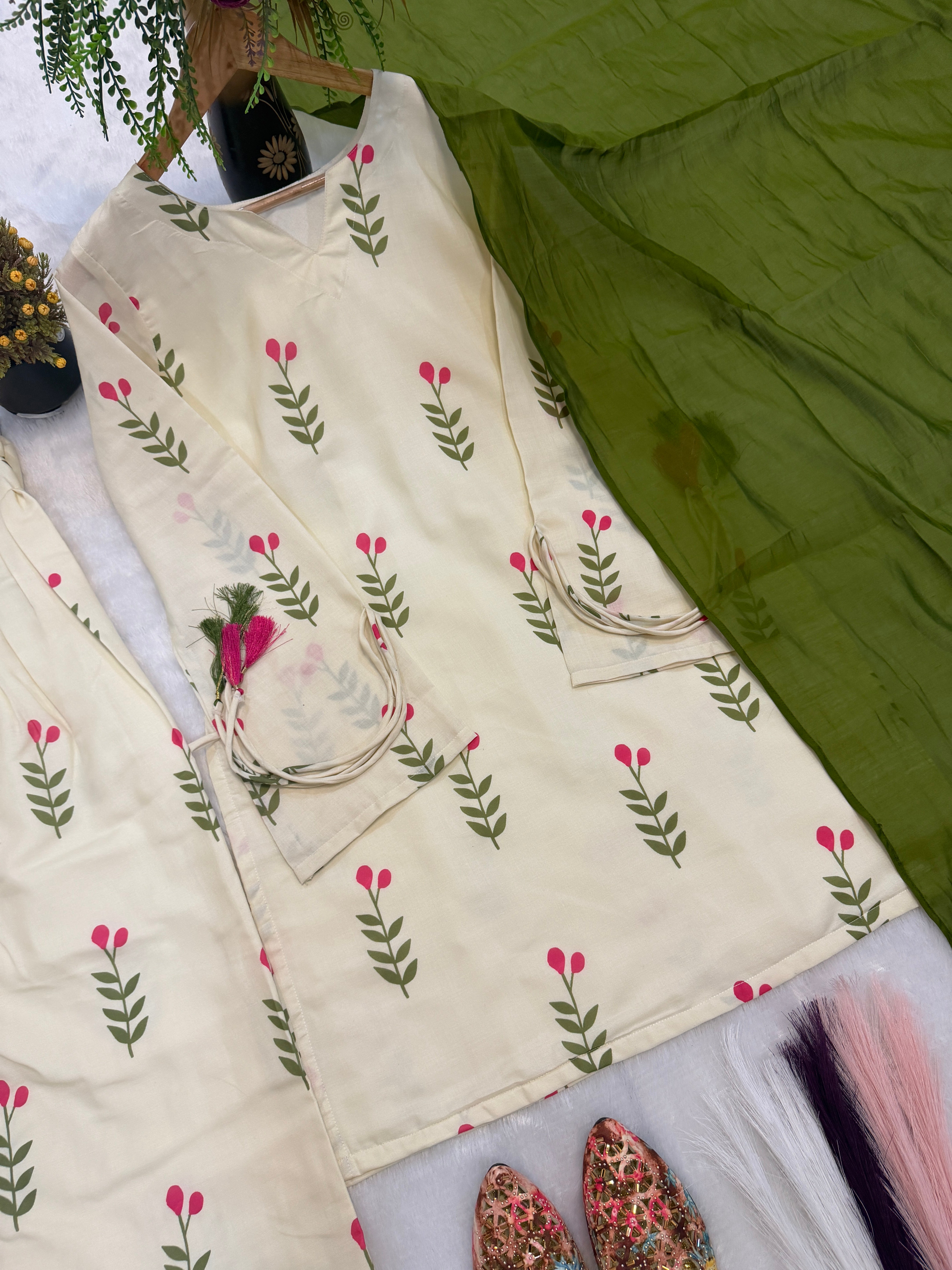 Ivory White Floral Cambric Cotton Kurta Set with Olive Green Dupatta & Farshi Pant