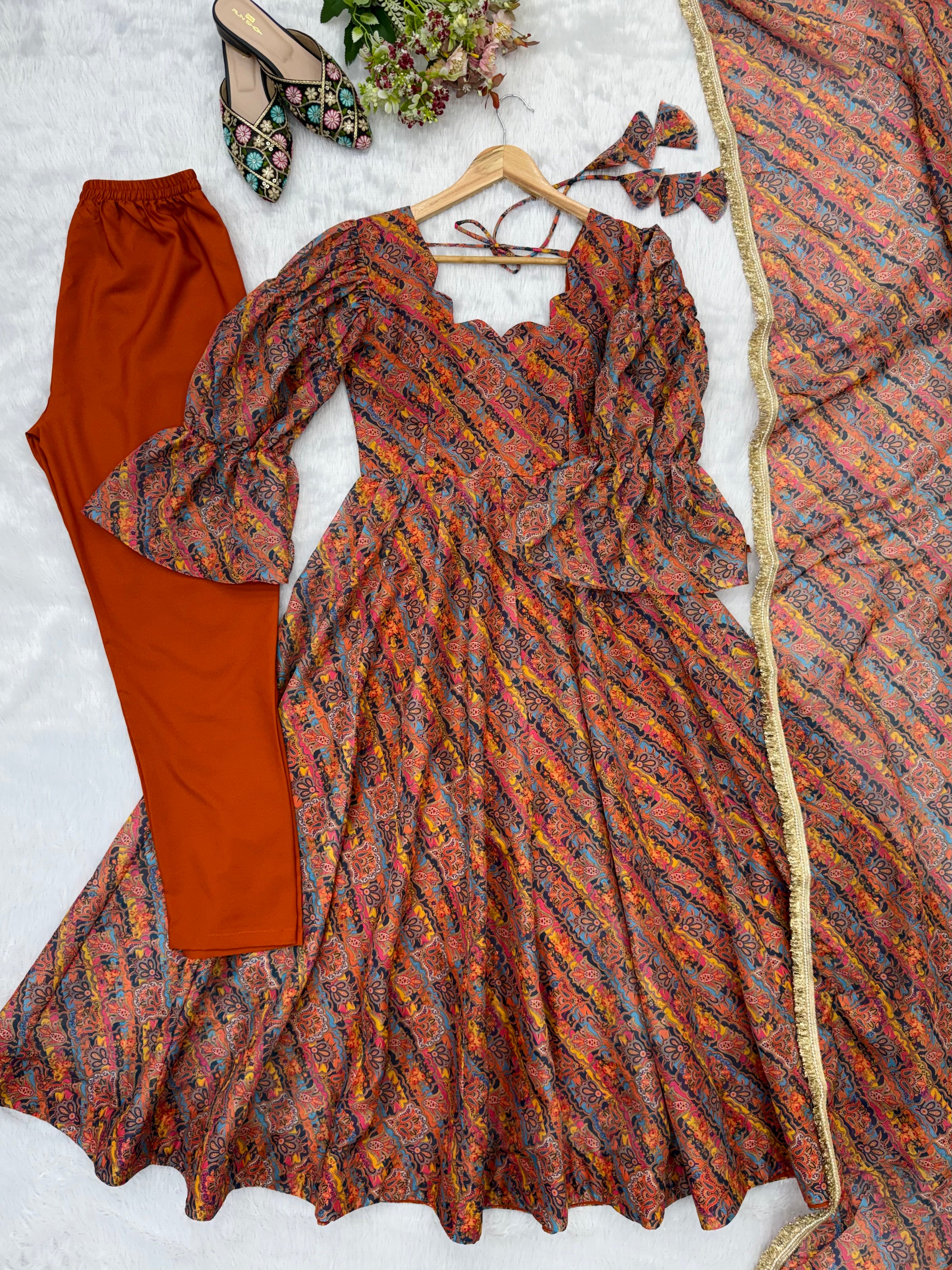 Rust Orange Printed Tebi Organza Puff Sleeve Anarkali Gown Set with Dupatta & Pant