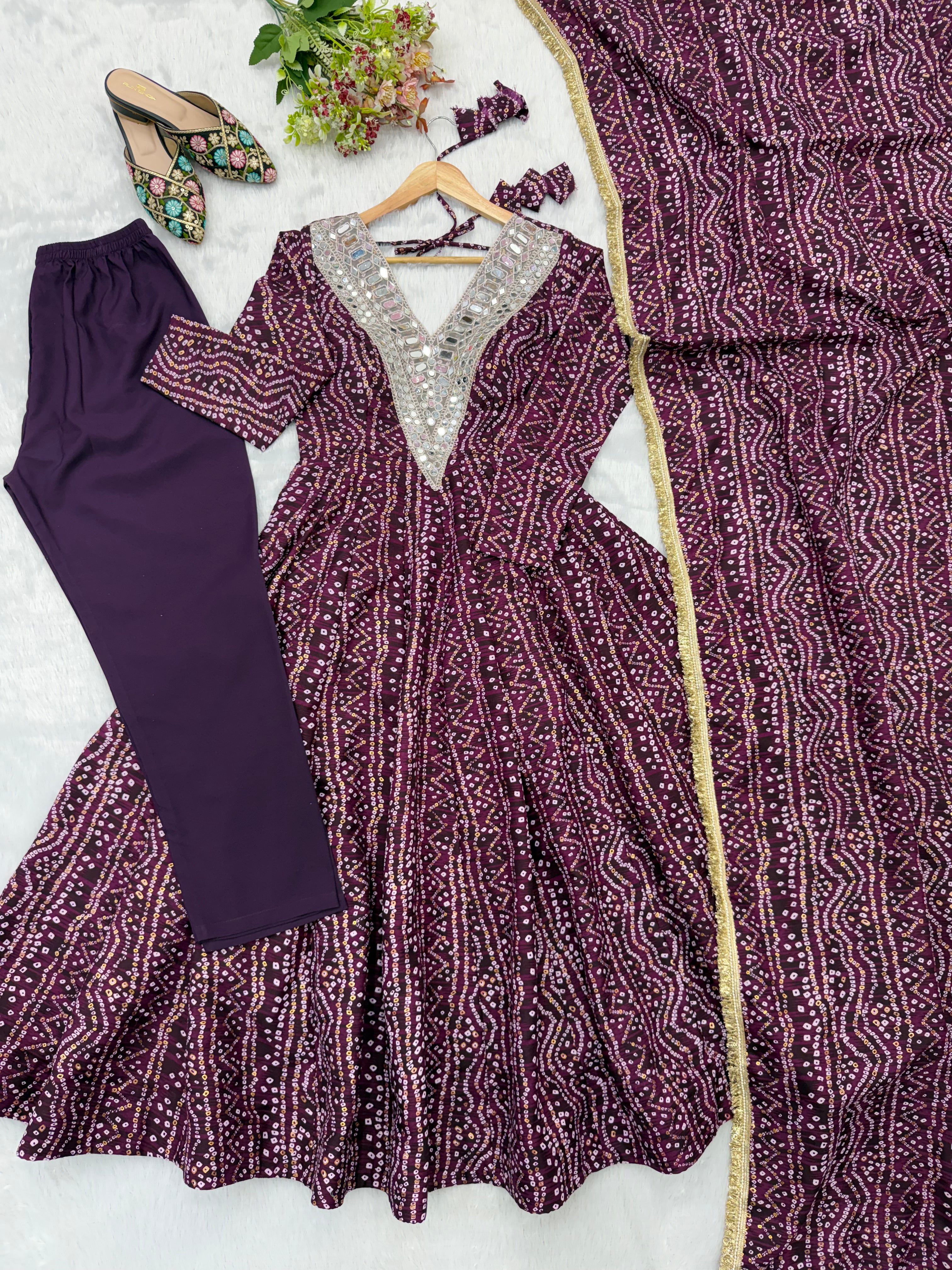 Wine Mirror Embroidered Rayon Anarkali Gown Set with Dupatta & Pant