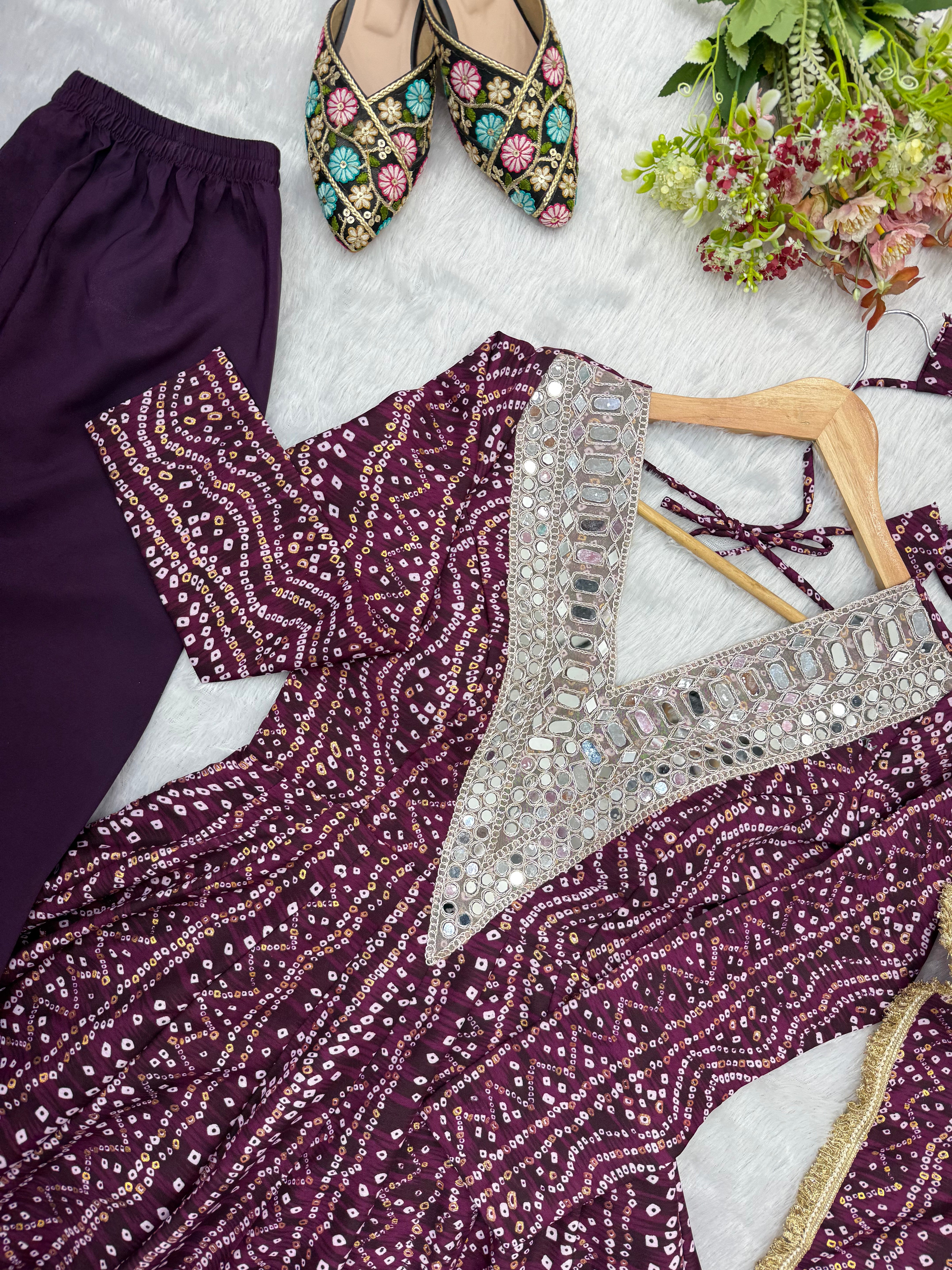 Wine Mirror Embroidered Rayon Anarkali Gown Set with Dupatta & Pant
