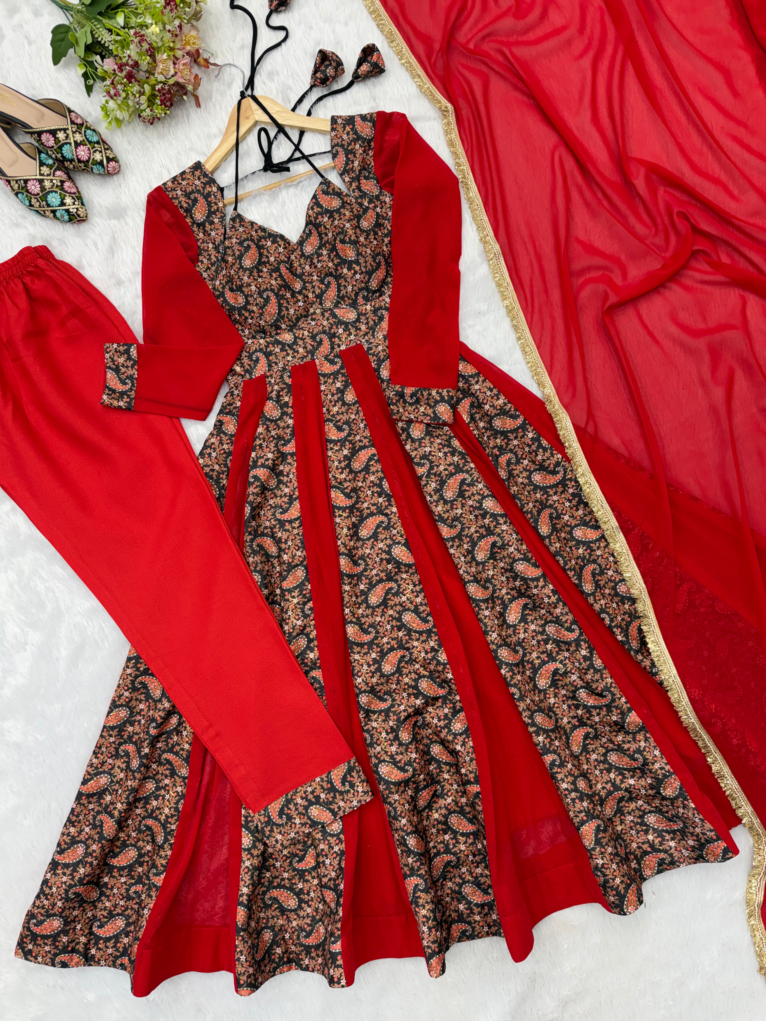 Ruby Red Paisley Print Designer Kali Anarkali Gown Set with Dupatta & Pant