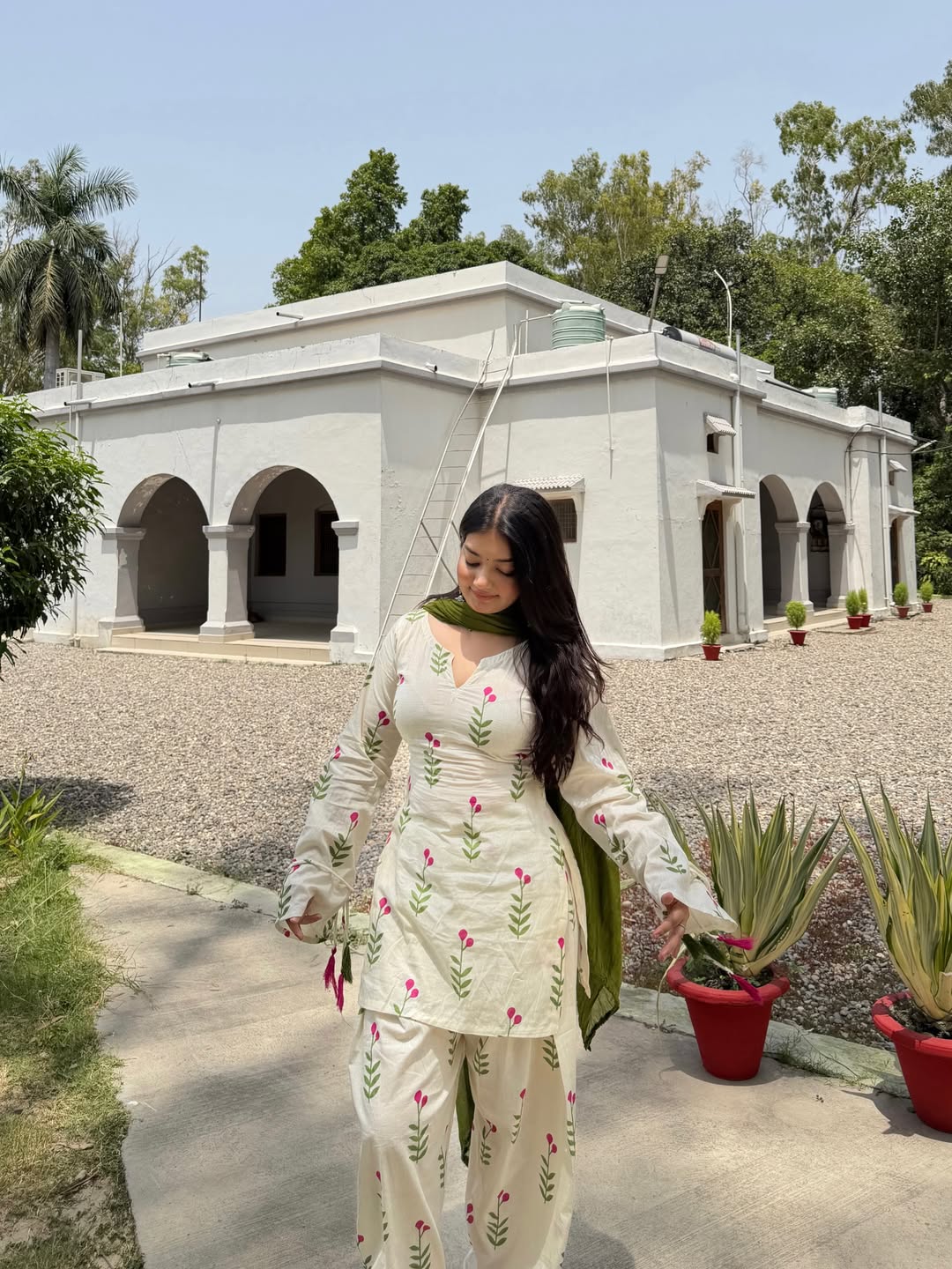 Ivory White Floral Cambric Cotton Kurta Set with Olive Green Dupatta & Farshi Pant