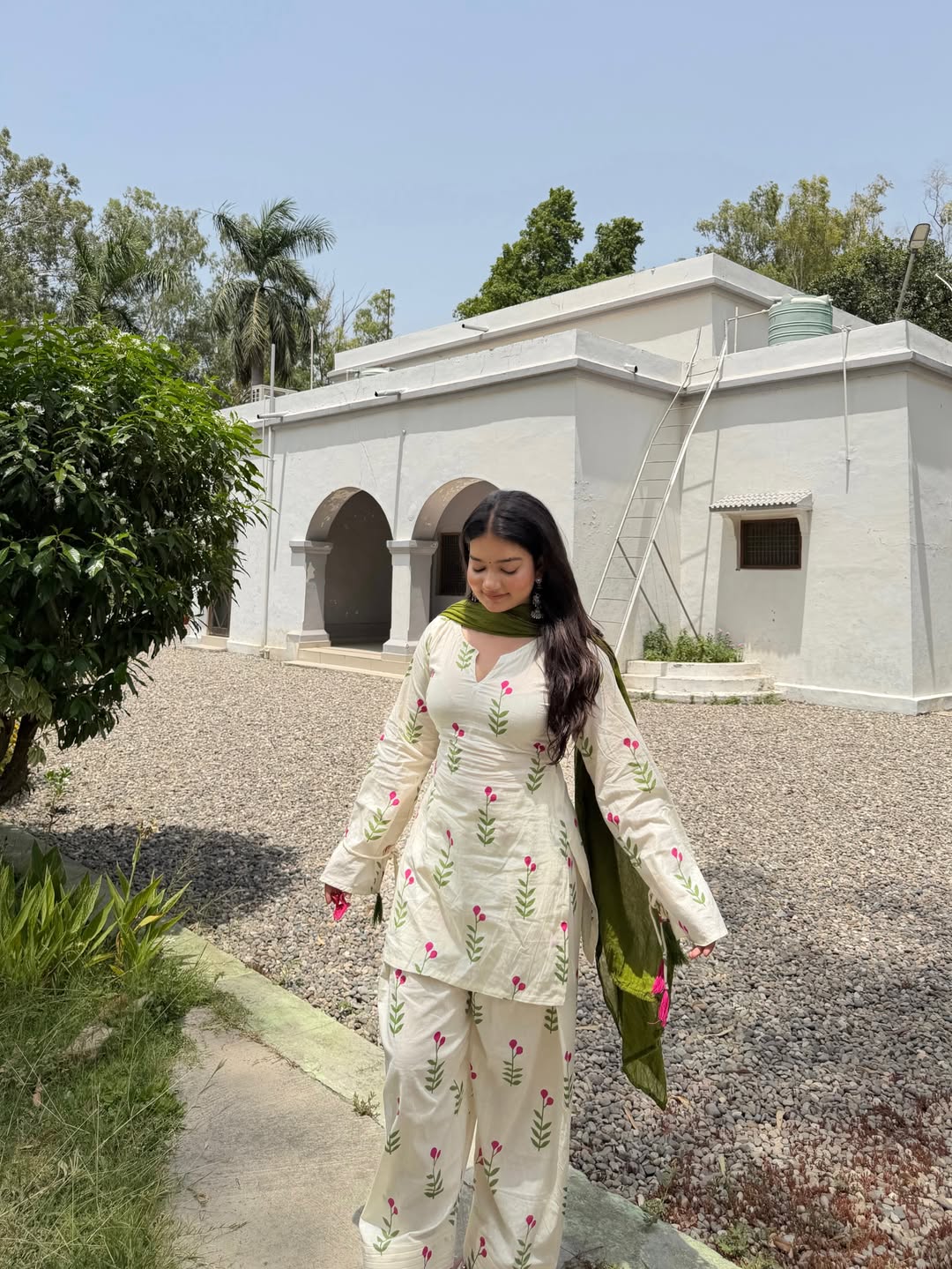 Ivory White Floral Cambric Cotton Kurta Set with Olive Green Dupatta & Farshi Pant