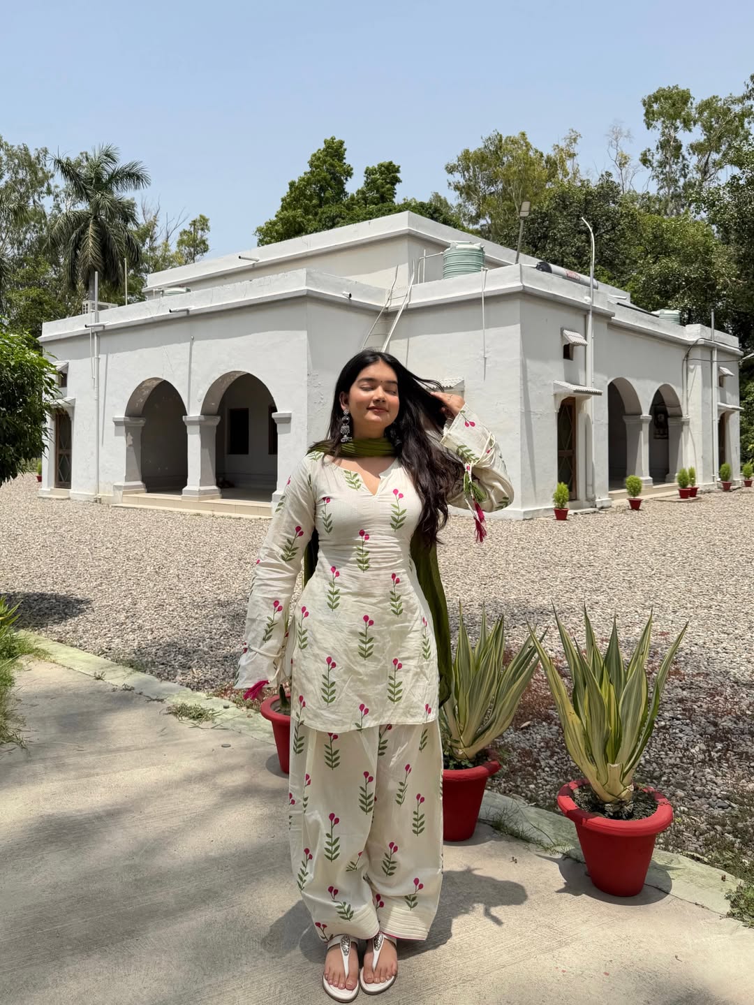Ivory White Floral Cambric Cotton Kurta Set with Olive Green Dupatta & Farshi Pant