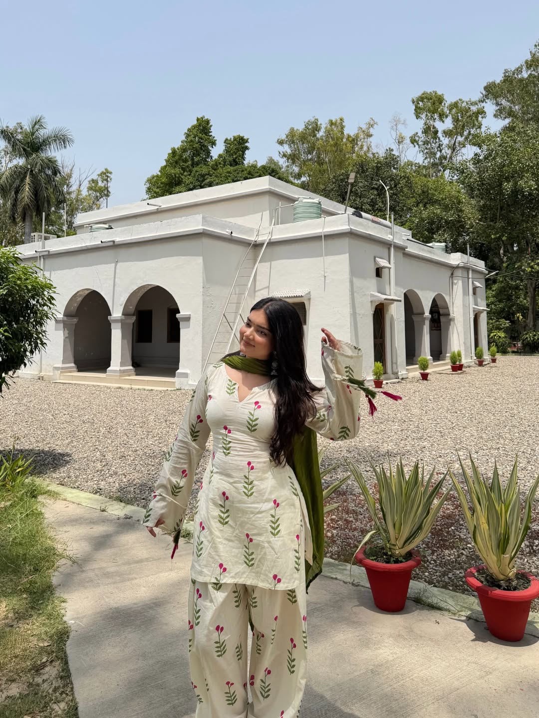 Ivory White Floral Cambric Cotton Kurta Set with Olive Green Dupatta & Farshi Pant