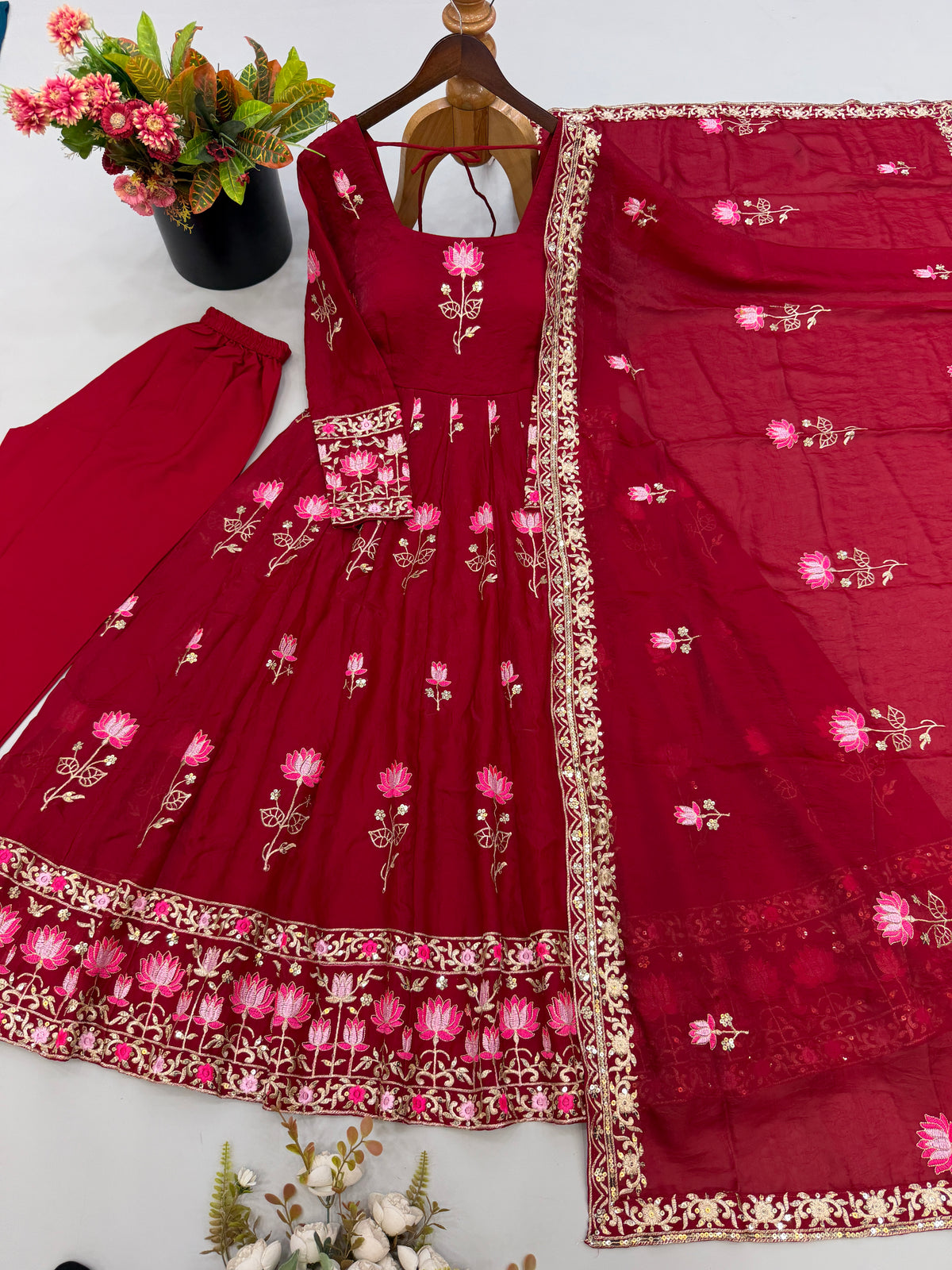 Wine Maroon Fendy Silk Gown Pant Set with Embroidered Dupatta