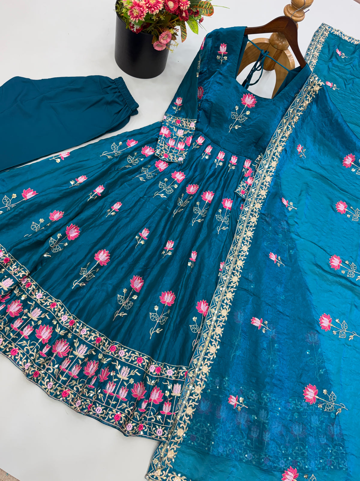 Teal Blue Fendy Silk Embroidered Gown Pant Set with Dupatta