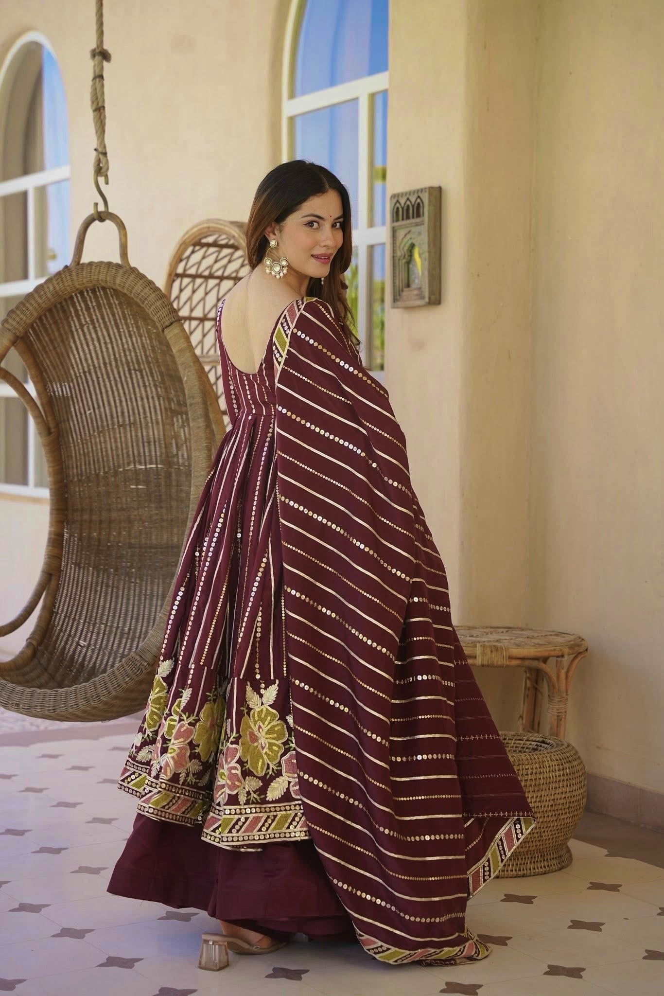 Wine Floral Embroidered Faux Georgette Designer Anarkali Suit Set with Sharara Palazzo & Dupatta