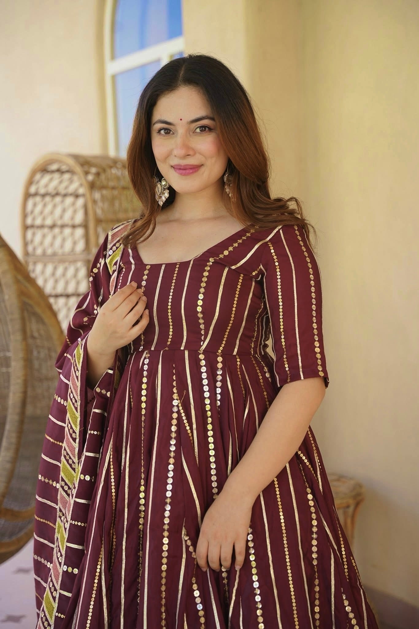 Wine Floral Embroidered Faux Georgette Designer Anarkali Suit Set with Sharara Palazzo & Dupatta