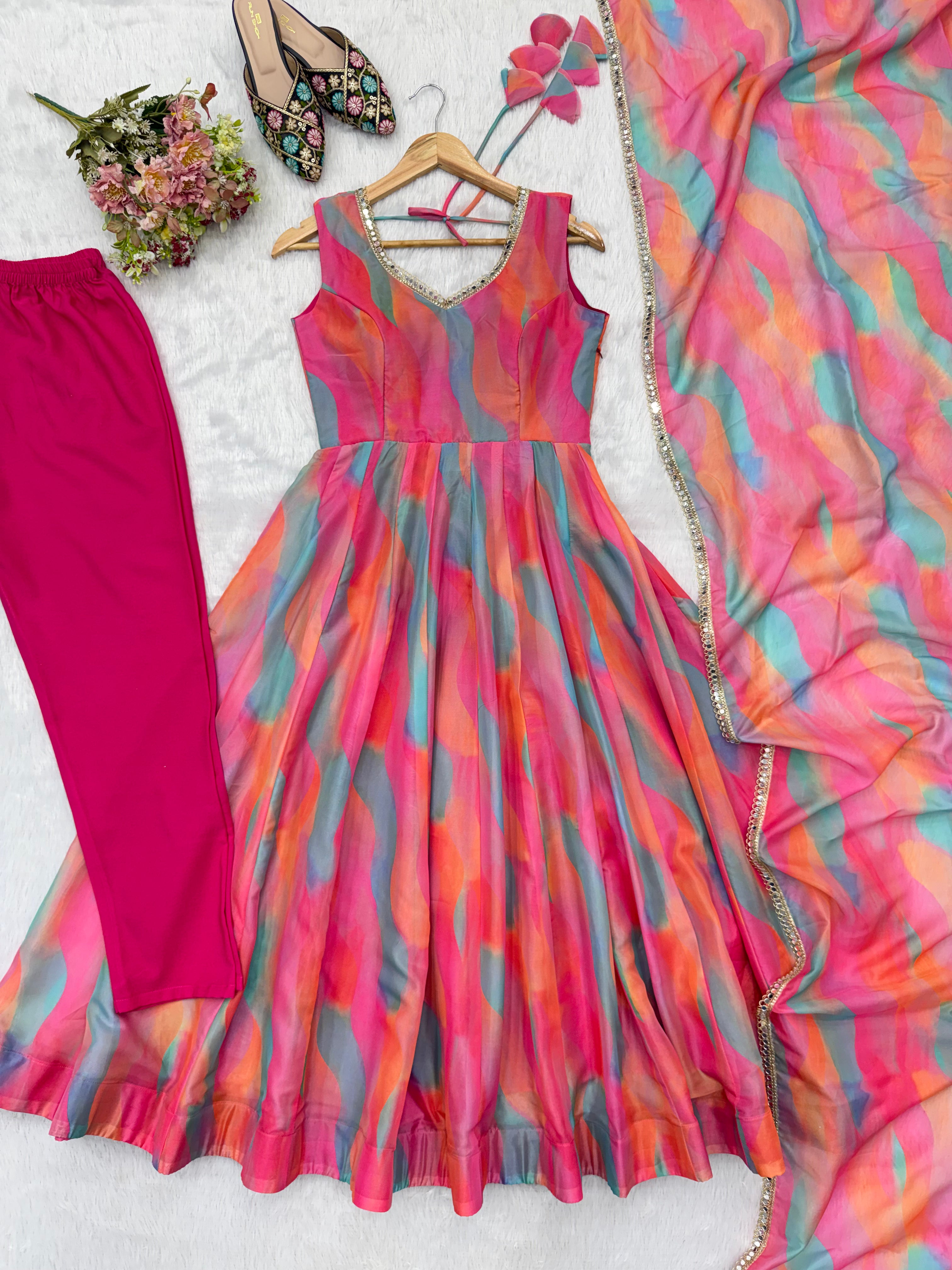 Candy Pink Abstract Printed Tebi Organza Anarkali Gown Set with Mirror Lace Dupatta