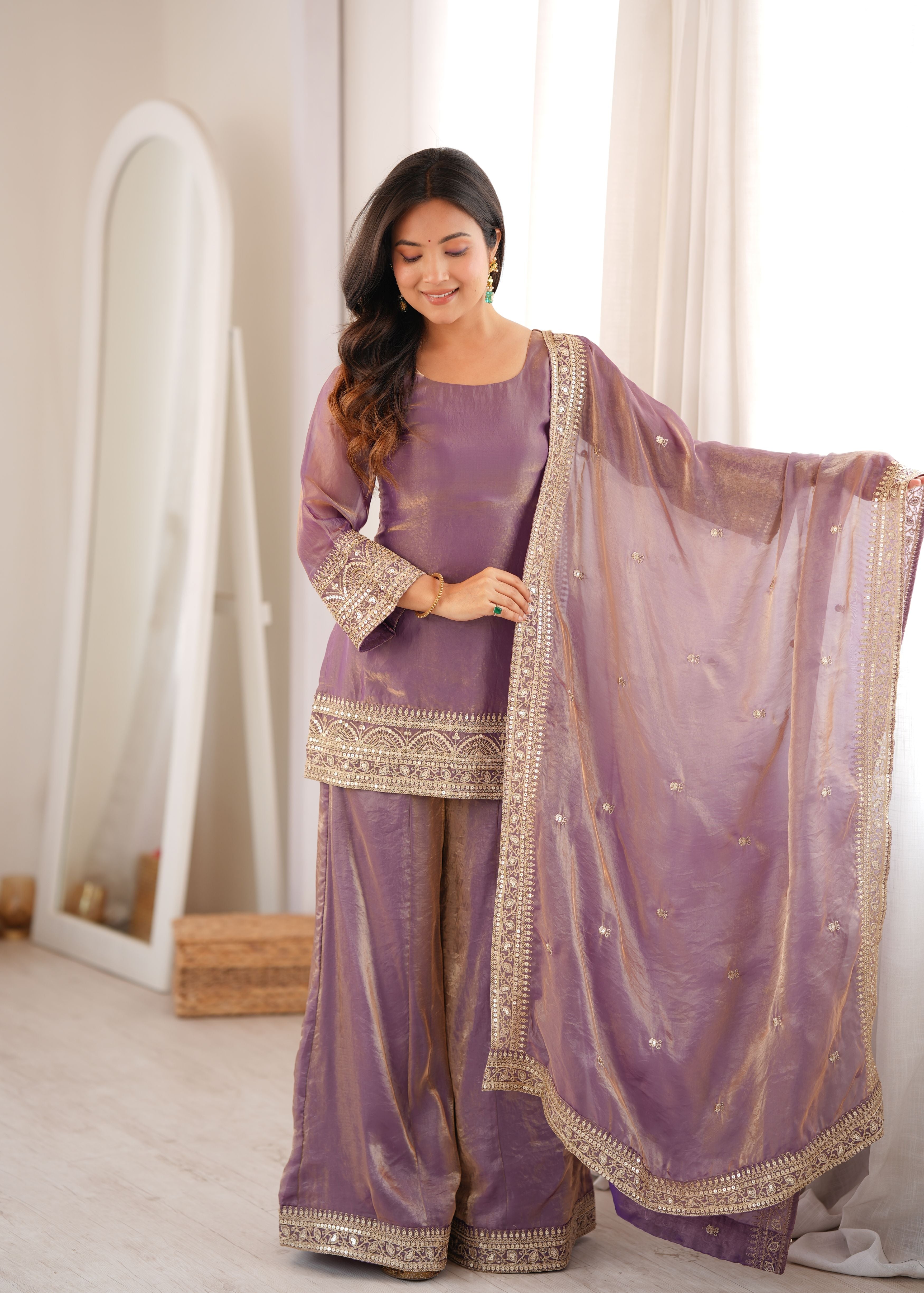 Dusty Lavender Frendy Silk Kurta Palazzo Set with Embroidered Dupatta
