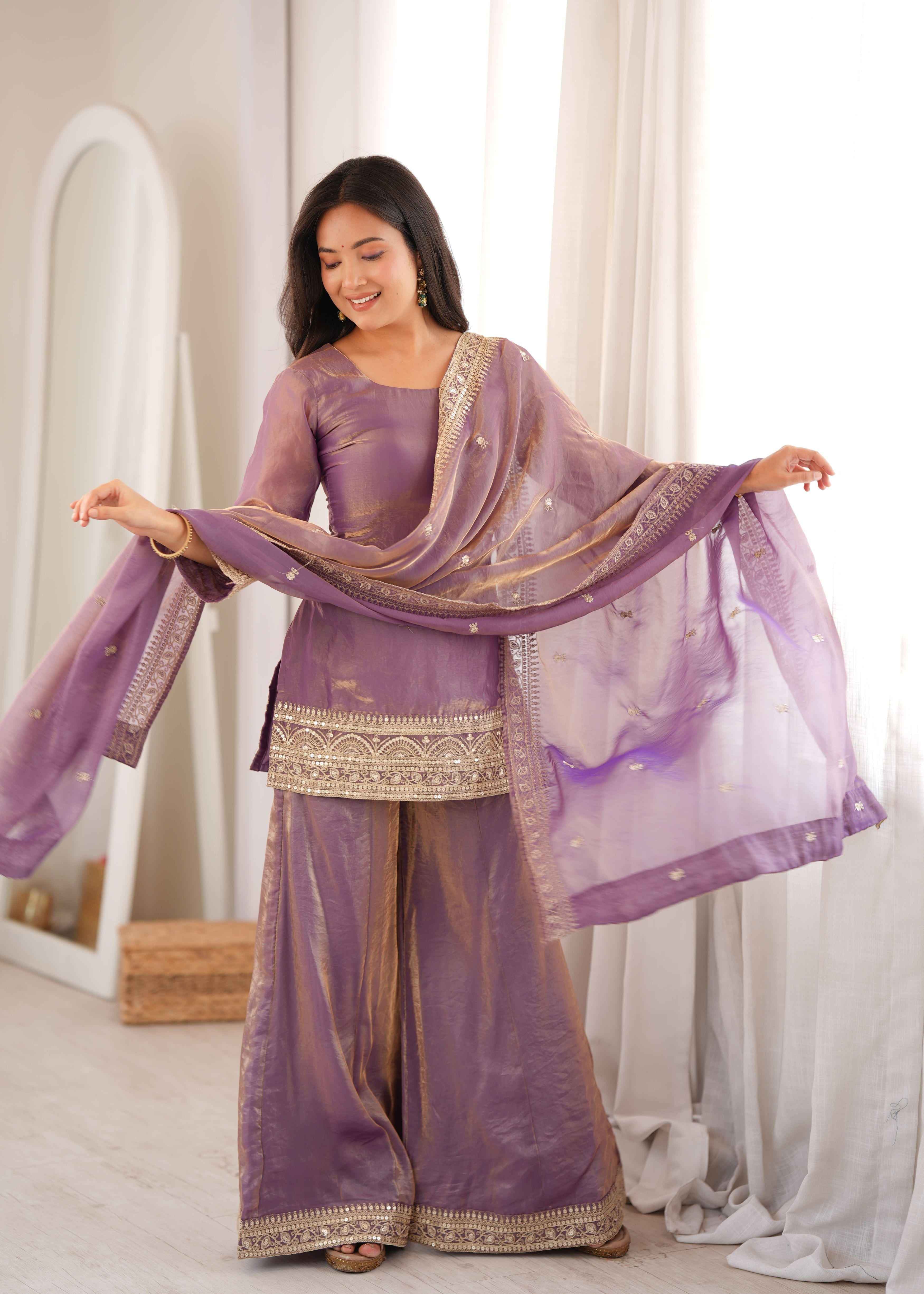 Dusty Lavender Frendy Silk Kurta Palazzo Set with Embroidered Dupatta