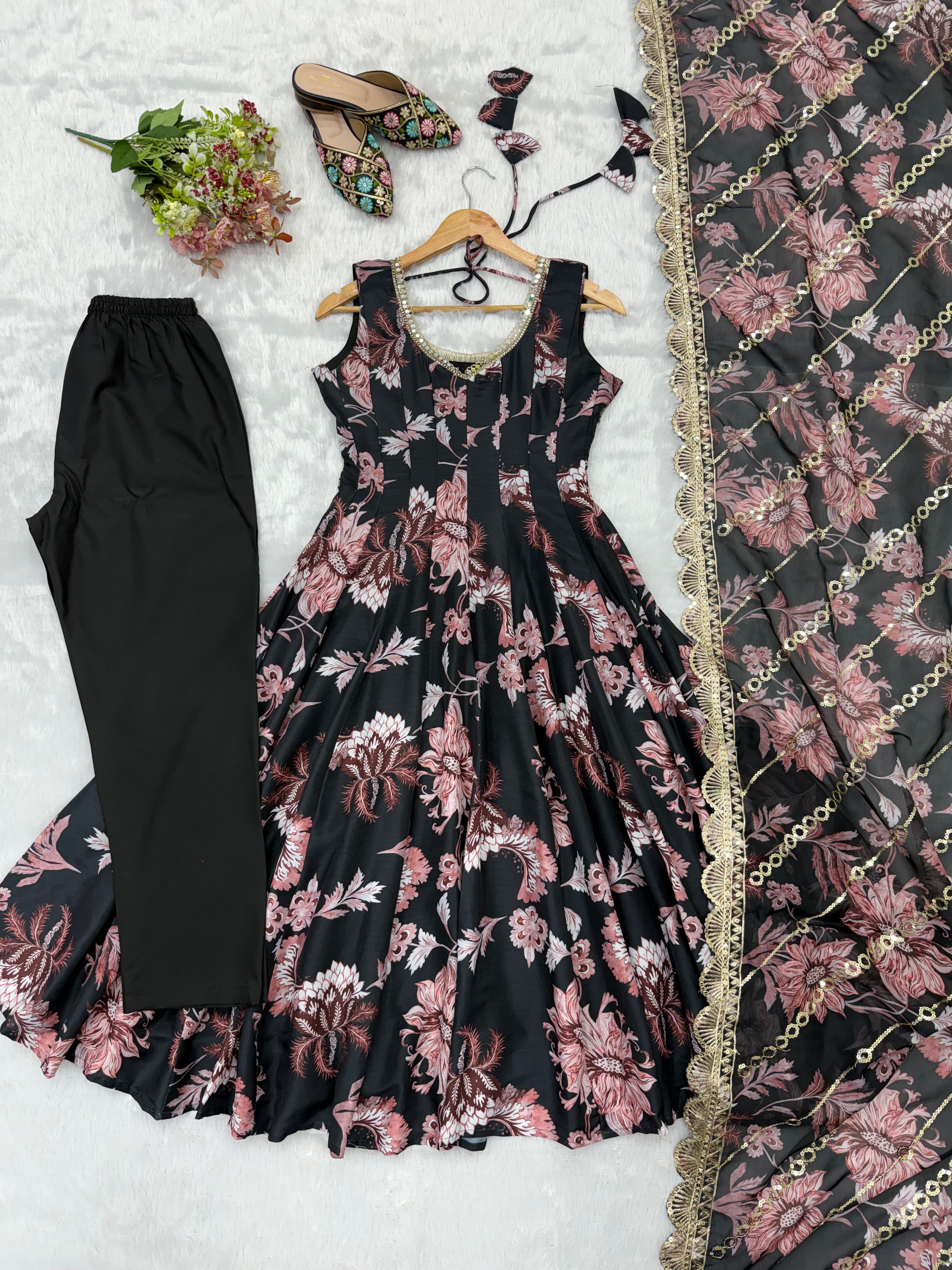 Black Floral Print Pure Muslin Anarkali Suit Set with Organza Dupatta & Pant