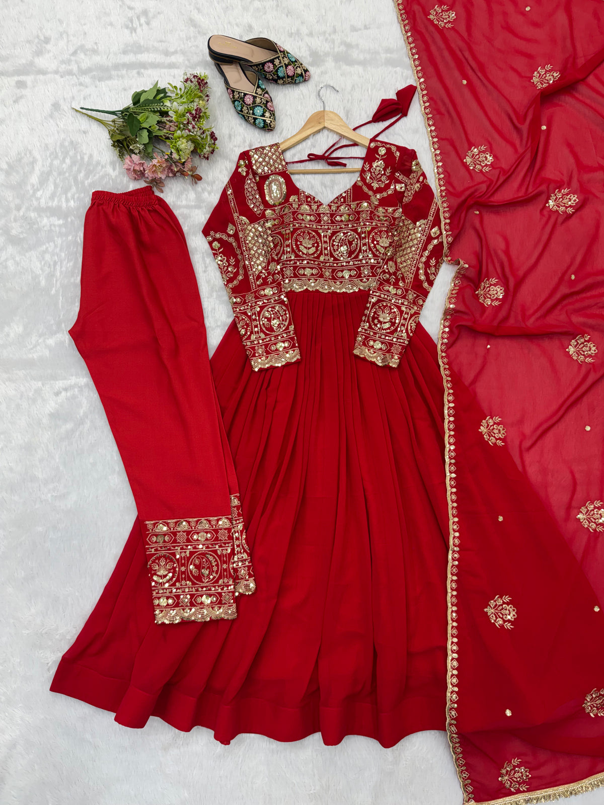 Red Blooming Georgette Anarkali Suit Set with Sequence Embroidery & Dupatta