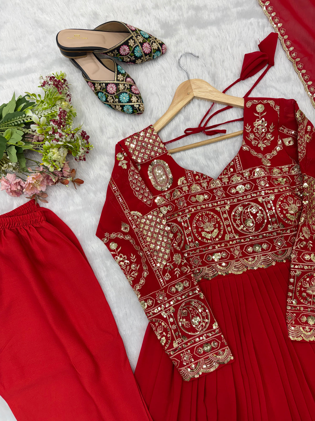 Red Blooming Georgette Anarkali Suit Set with Sequence Embroidery & Dupatta