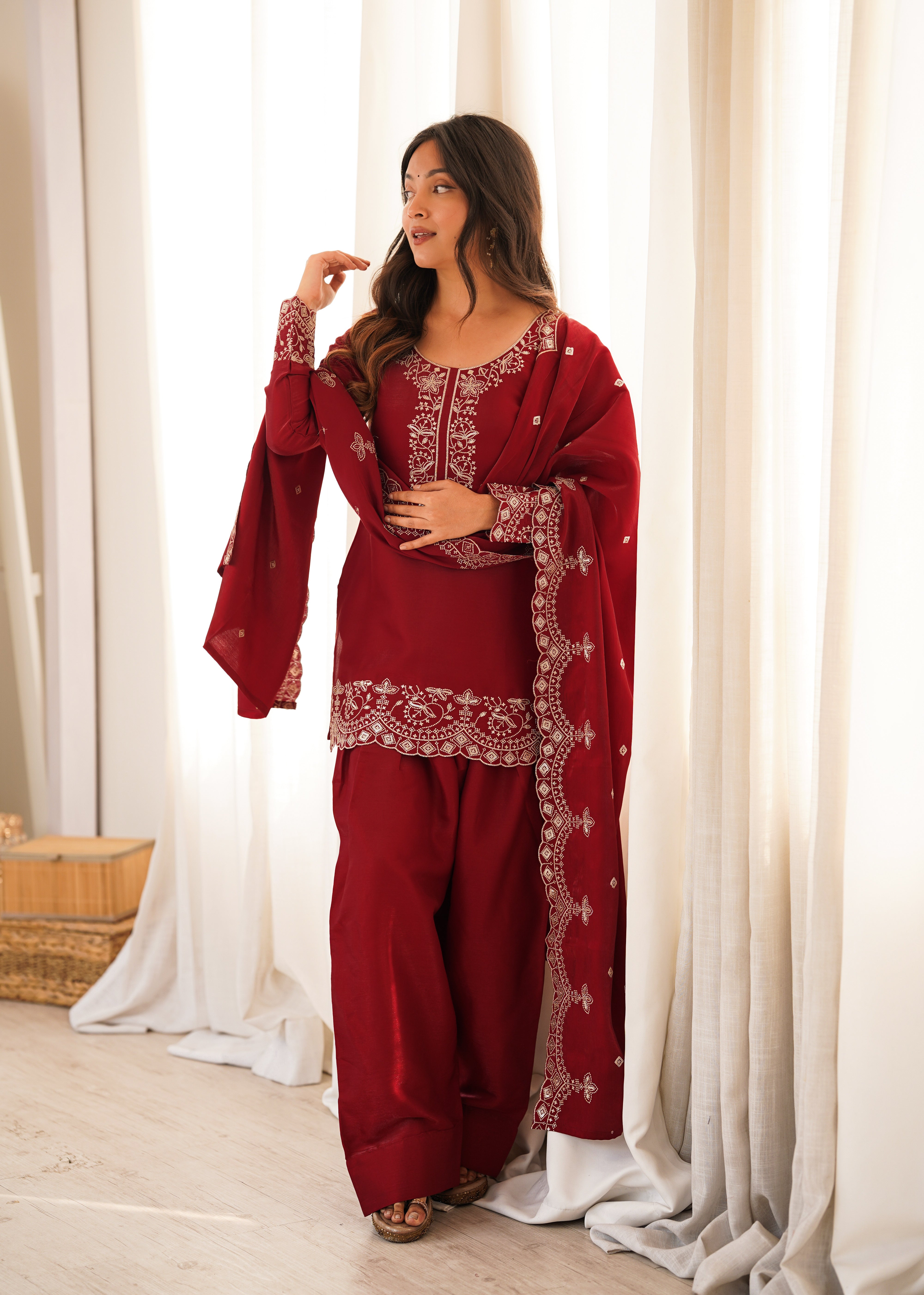 Wine Red Glass Roman Silk Kurta Set with Farshi Shalwar & Dupatta | Embroidered Festive Wear