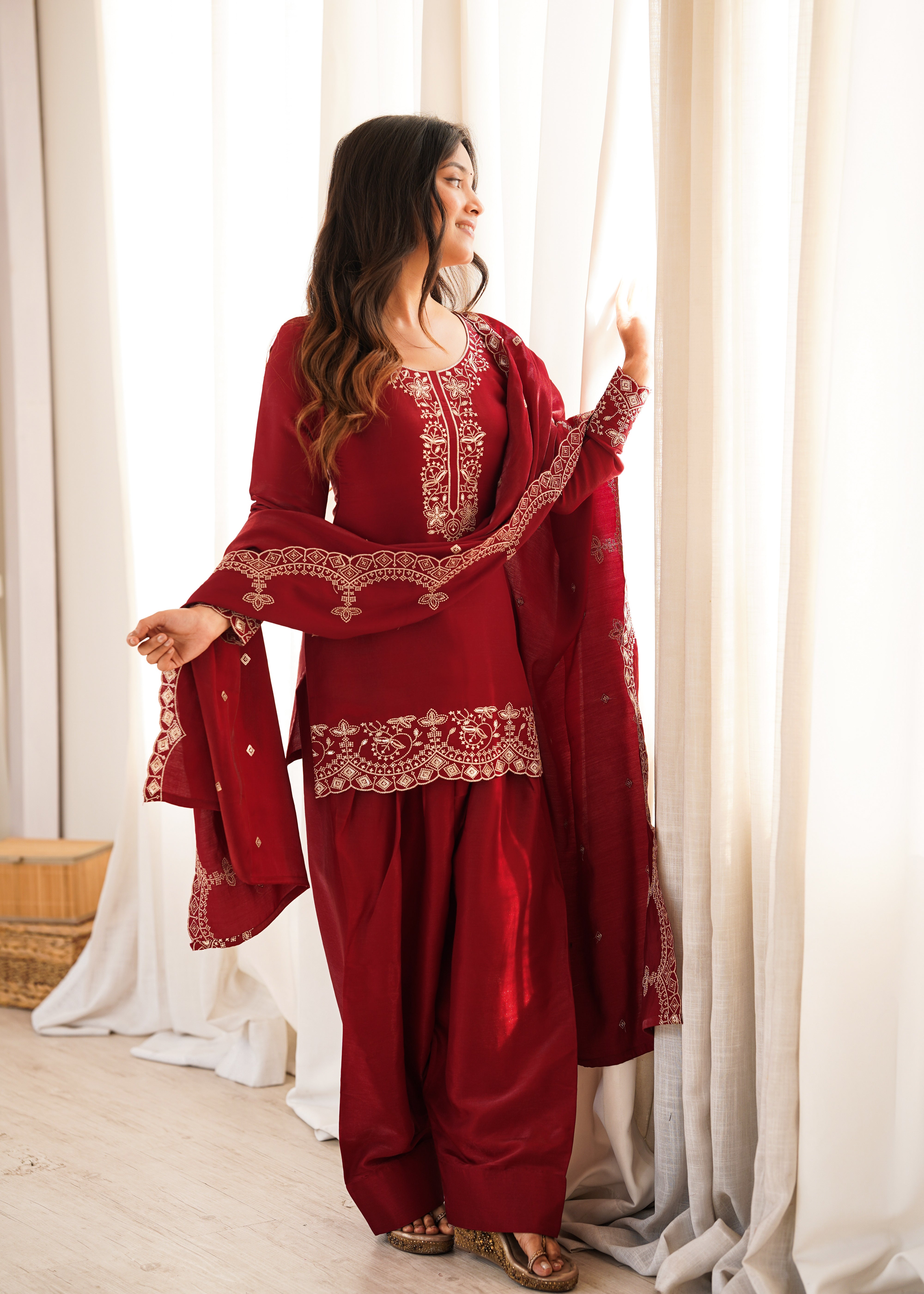 Wine Red Glass Roman Silk Kurta Set with Farshi Shalwar & Dupatta | Embroidered Festive Wear