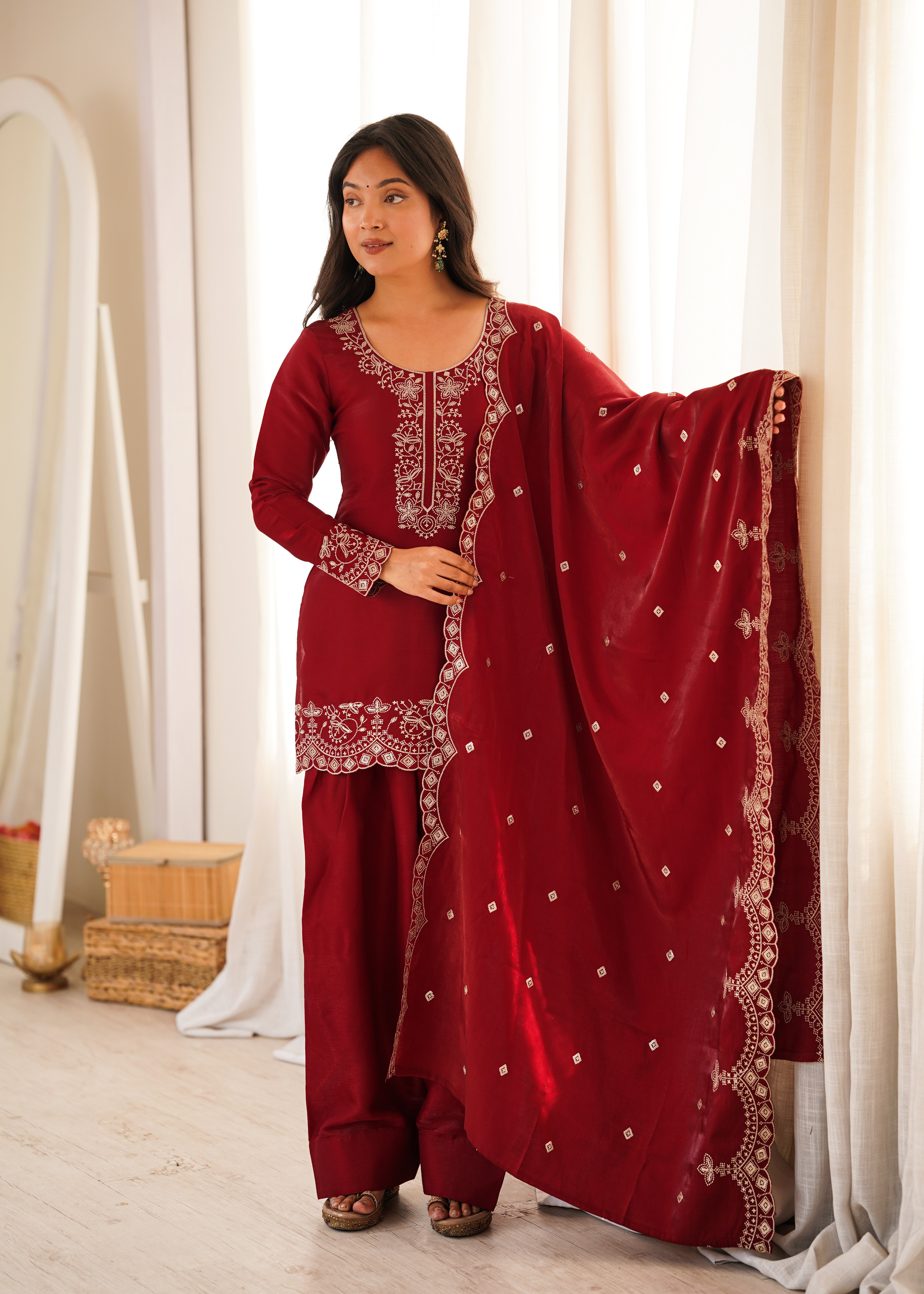 Wine Red Glass Roman Silk Kurta Set with Farshi Shalwar & Dupatta | Embroidered Festive Wear