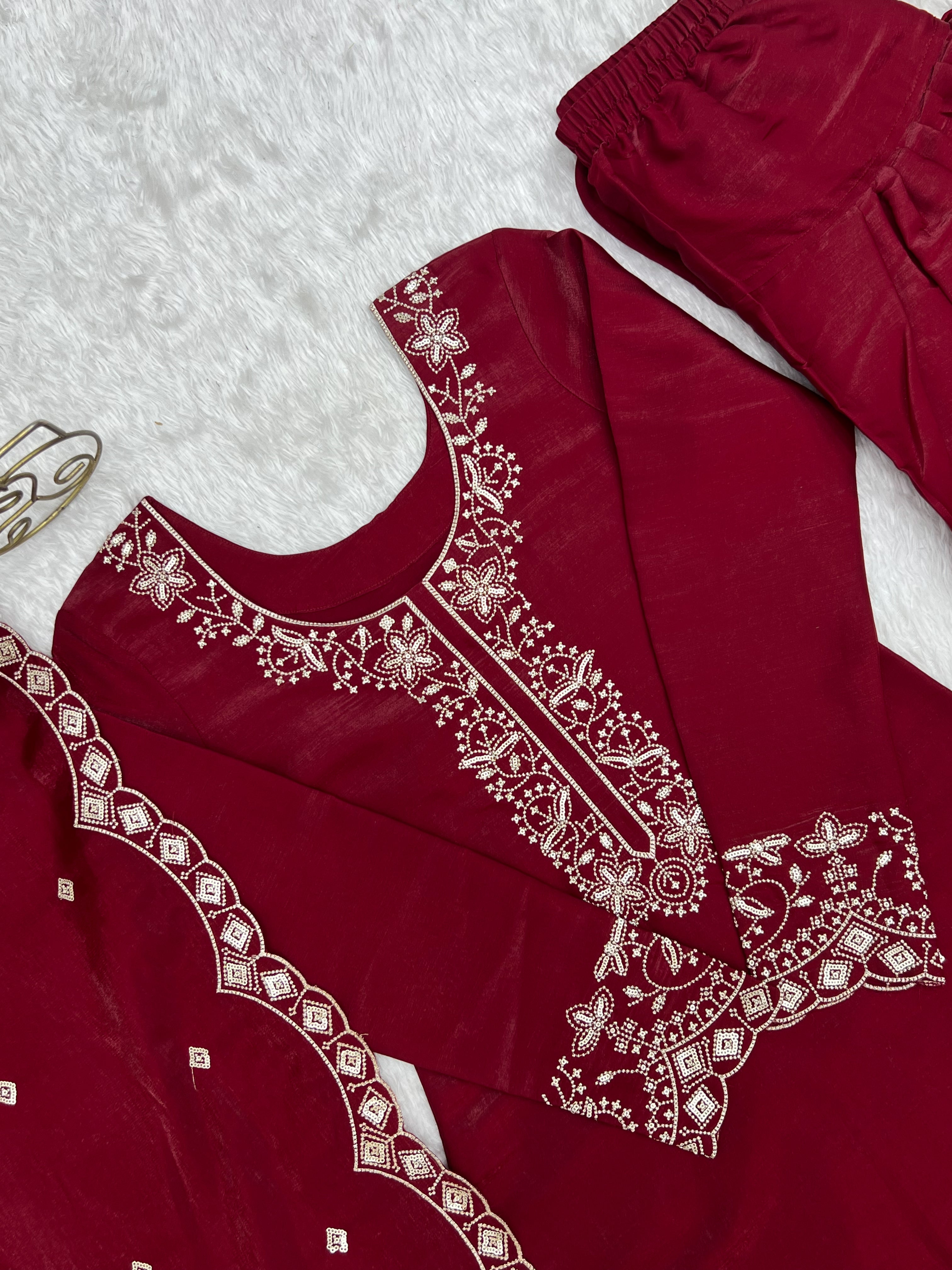 Wine Red Glass Roman Silk Kurta Set with Farshi Shalwar & Dupatta | Embroidered Festive Wear