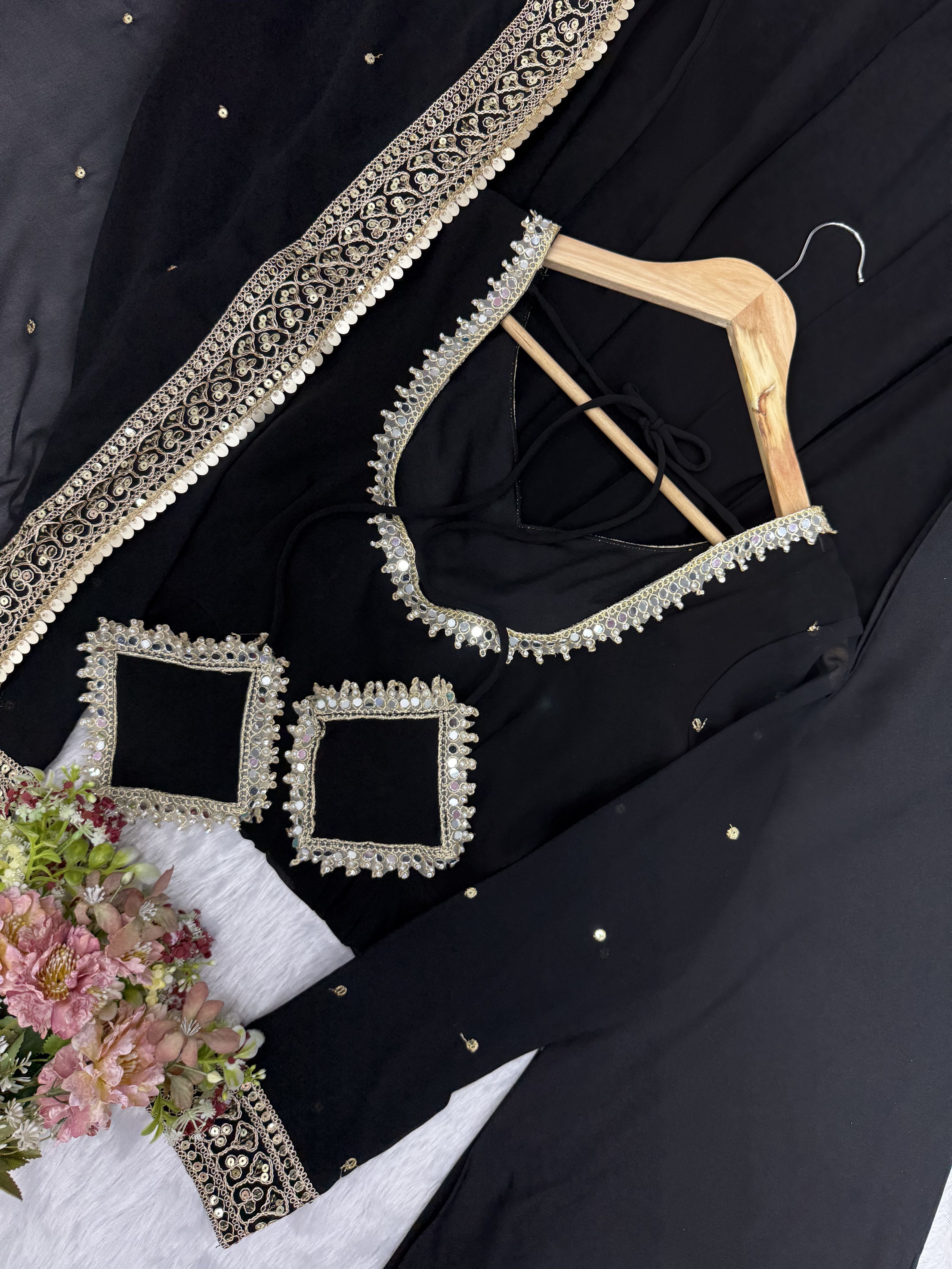 Classic Black Georgette Anarkali Gown Set with Embroidered Dupatta & Pant