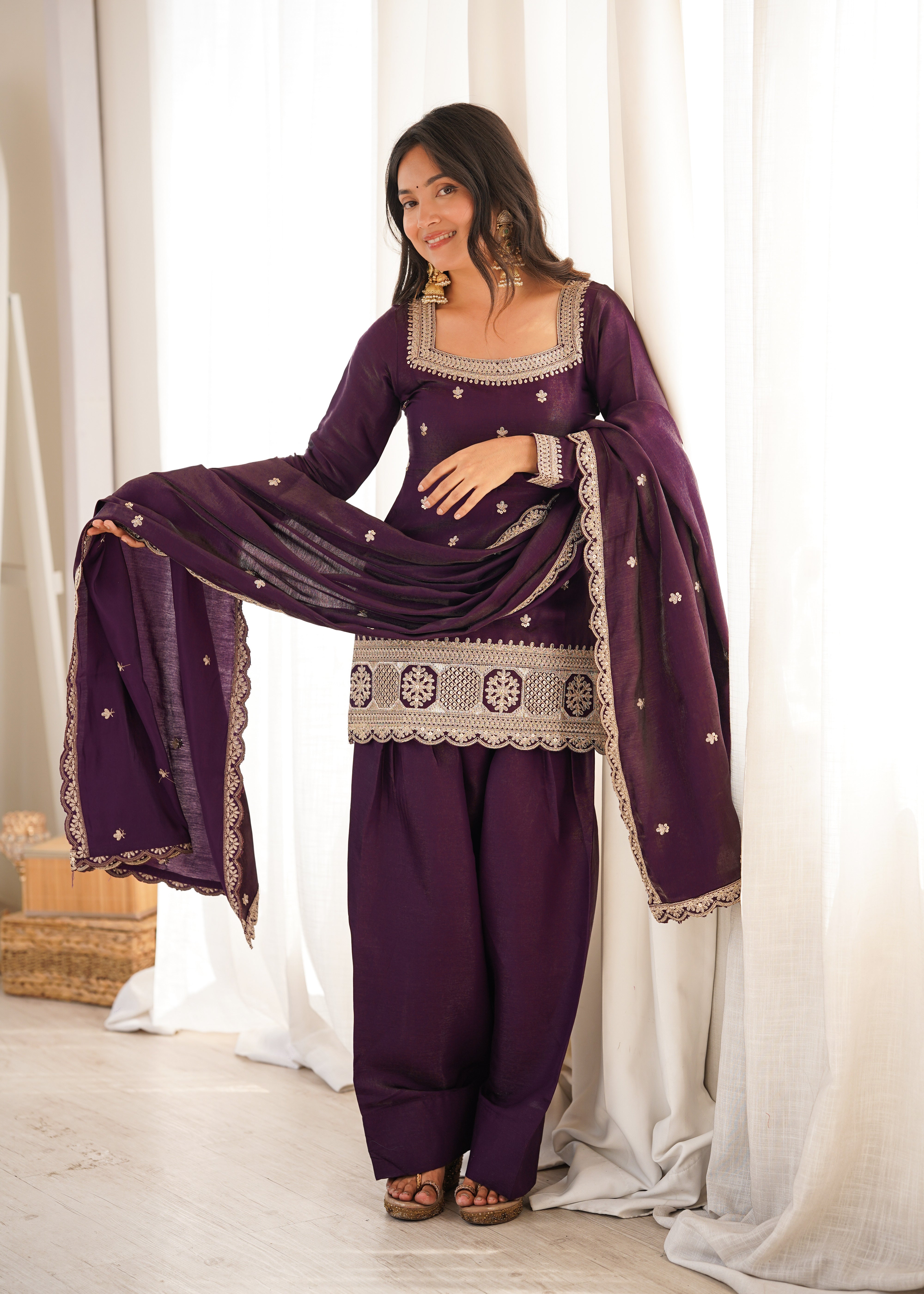 Royal Plum Designer Glass Roman Silk Kurta Set with Farshi Shalwar & Dupatta | NARDEV FASHION | ✨ Wedding Functions ✨ Festive Celebrations ✨ Mehendi & Sangeet ✨ Family Gatherings ✨ Traditional Occasions ✨ Party Wear