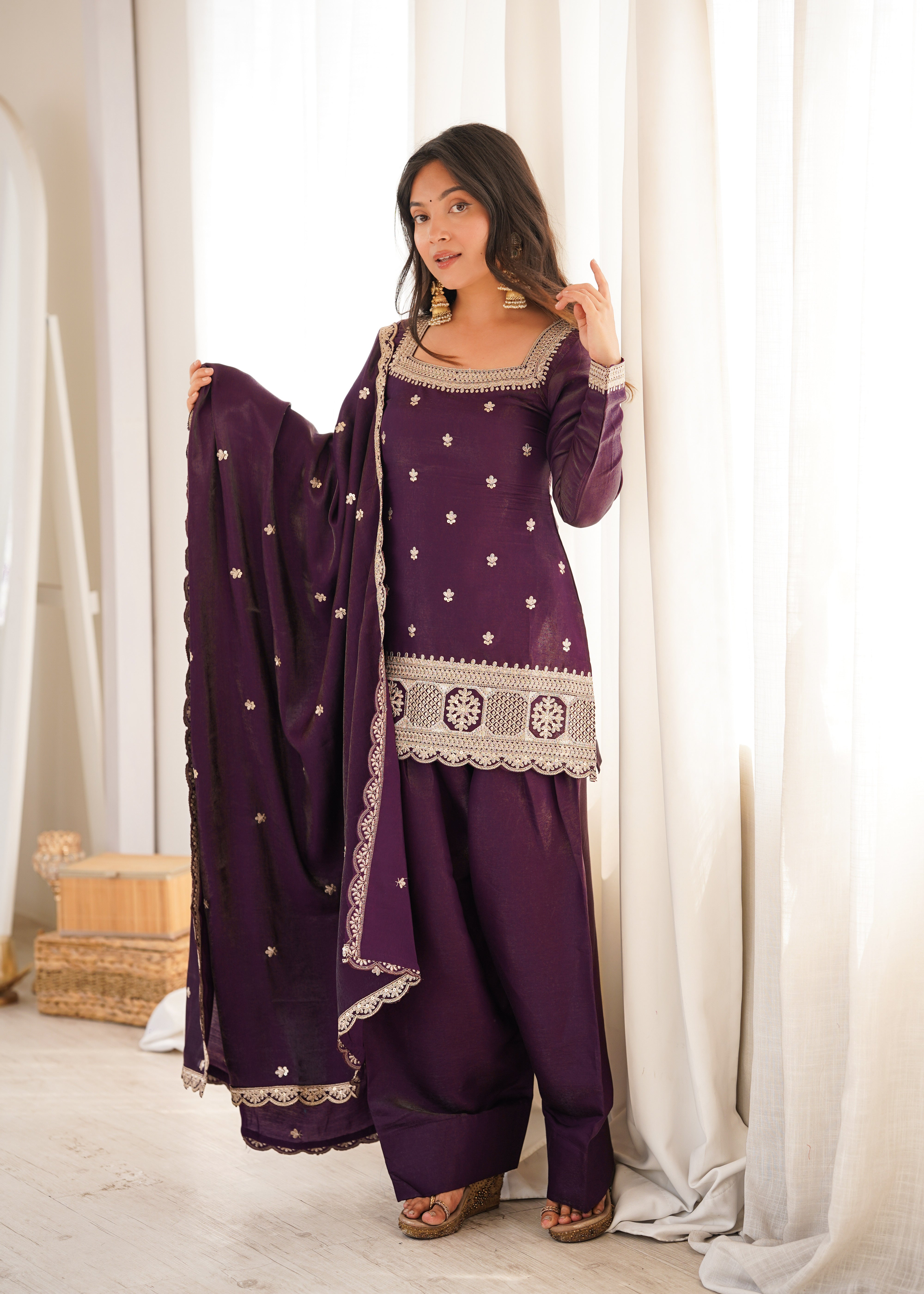 Royal Plum Designer Glass Roman Silk Kurta Set with Farshi Shalwar & Dupatta | NARDEV FASHION | ✨ Wedding Functions ✨ Festive Celebrations ✨ Mehendi & Sangeet ✨ Family Gatherings ✨ Traditional Occasions ✨ Party Wear