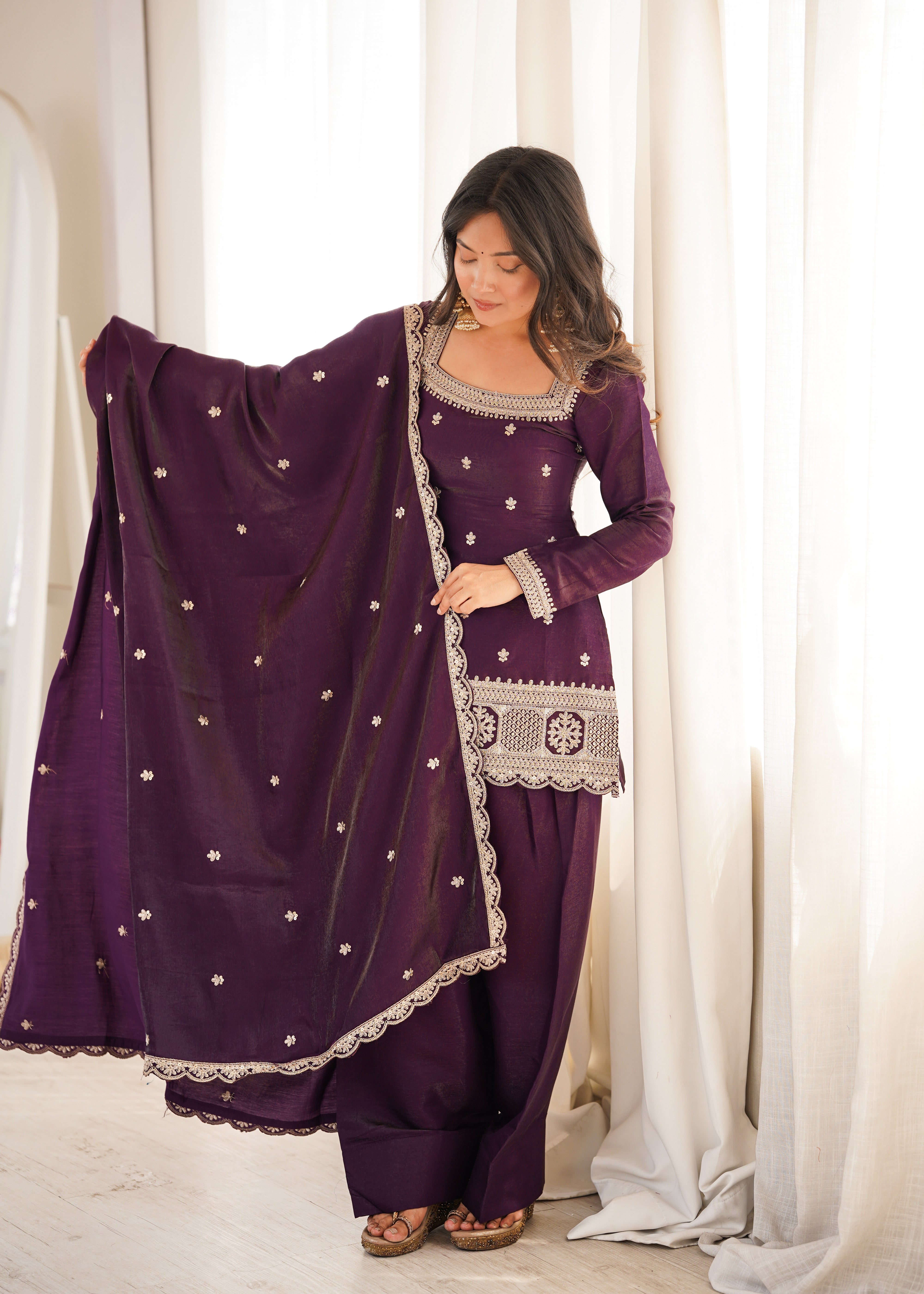 Royal Plum Designer Glass Roman Silk Kurta Set with Farshi Shalwar & Dupatta | NARDEV FASHION | ✨ Wedding Functions ✨ Festive Celebrations ✨ Mehendi & Sangeet ✨ Family Gatherings ✨ Traditional Occasions ✨ Party Wear
